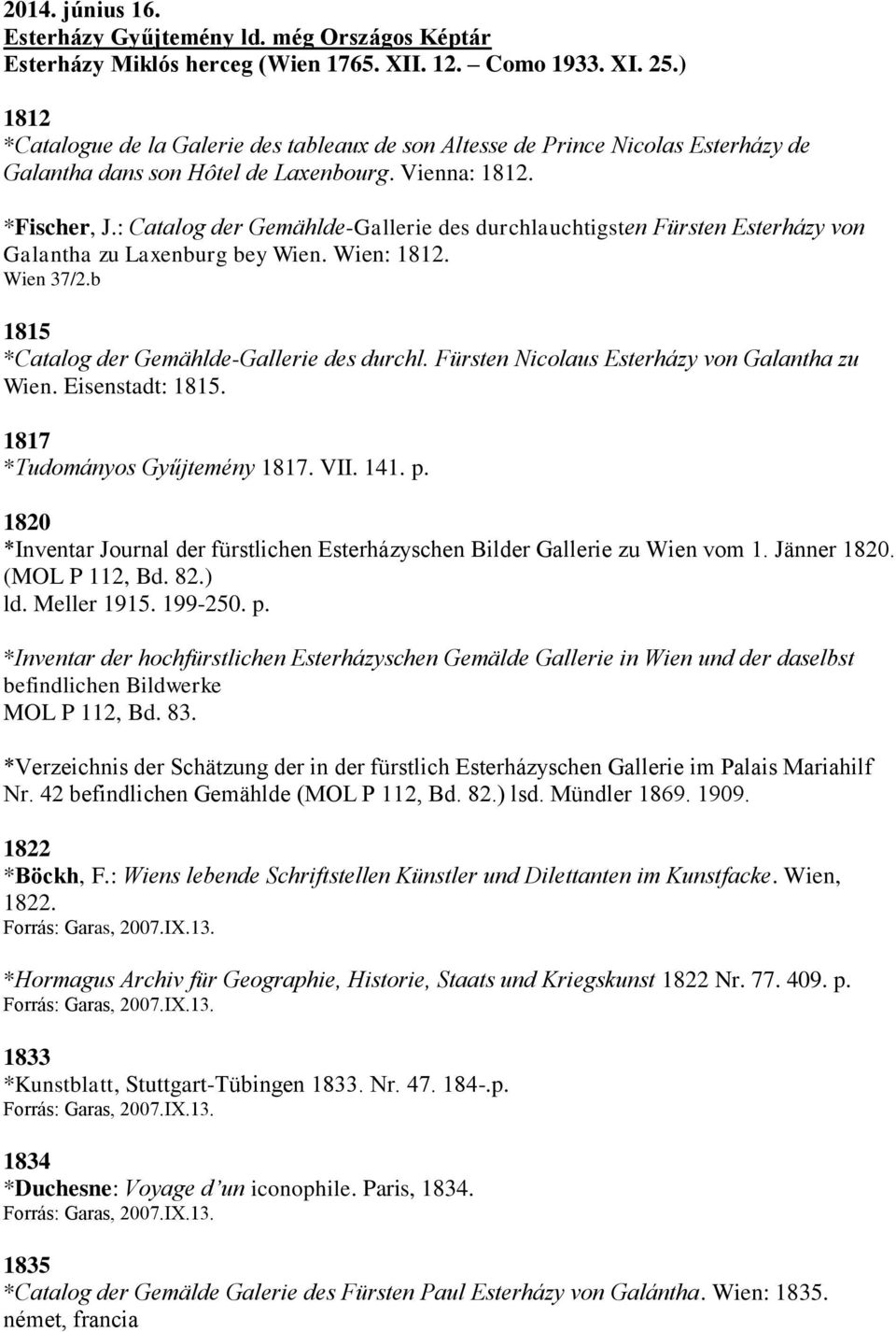 : Catalog der Gemählde-Gallerie des durchlauchtigsten Fürsten Esterházy von Galantha zu Laxenburg bey Wien. Wien: 1812. Wien 37/2.b 1815 *Catalog der Gemählde-Gallerie des durchl.