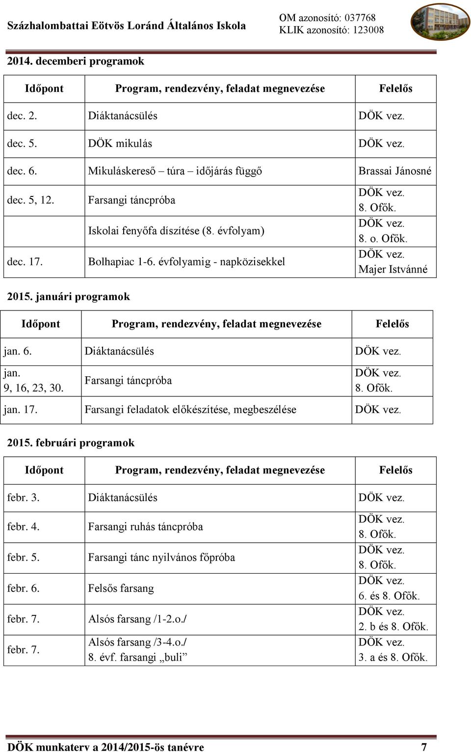 Diáktanácsülés jan. 9, 16, 23, 30. Farsangi táncpróba jan. 17. Farsangi feladatok előkészítése, megbeszélése 2015. februári programok febr. 3. Diáktanácsülés febr. 4. febr. 5.