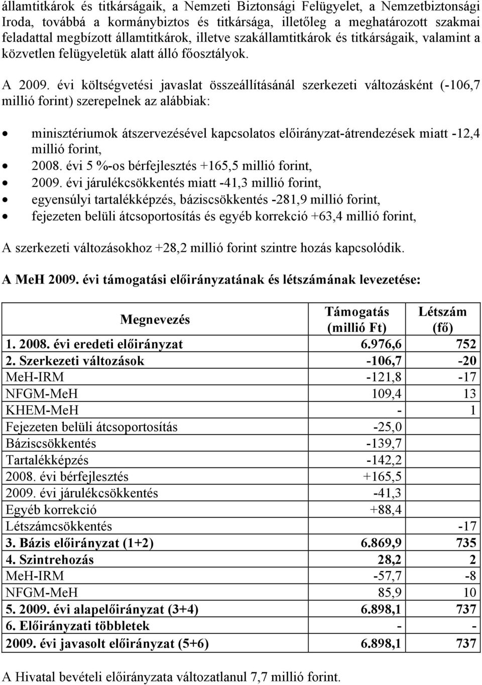 évi költségvetési javaslat összeállításánál szerkezeti változásként (-106,7 millió forint) szerepelnek az alábbiak: minisztériumok átszervezésével kapcsolatos előirányzat-átrendezések miatt -12,4