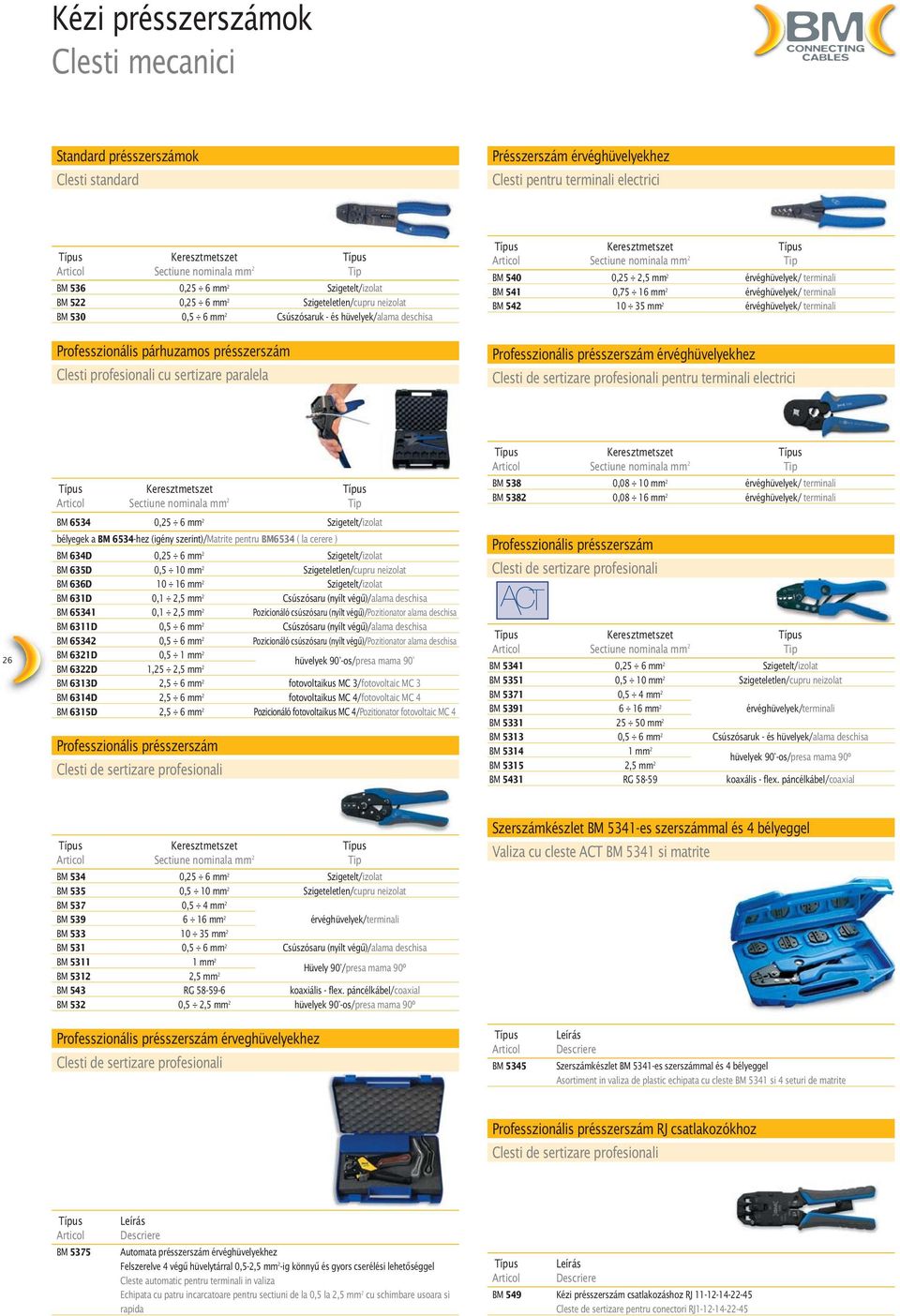 érvéghüvelyek/ terminali BM 541 0,75 16 mm 2 érvéghüvelyek/ terminali BM 542 10 35 mm 2 érvéghüvelyek/ terminali Professzionális párhuzamos présszerszám Clesti profesionali cu sertizare paralela