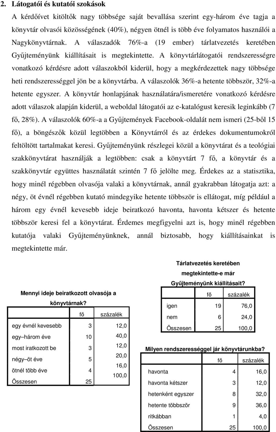 A könyvtárlátogatói rendszerességre vonatkozó kérdésre adott válaszokból kiderül, hogy a megkérdezettek nagy többsége heti rendszerességgel jön be a könyvtárba.