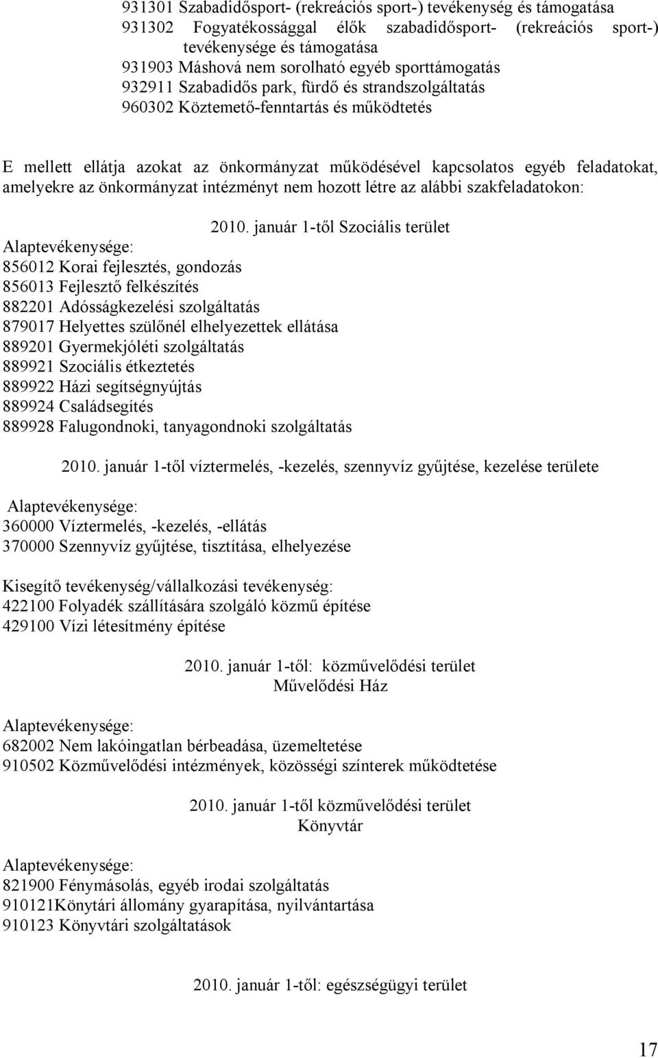 amelyekre az önkormányzat intézményt nem hozott létre az alábbi szakfeladatokon: 2010.