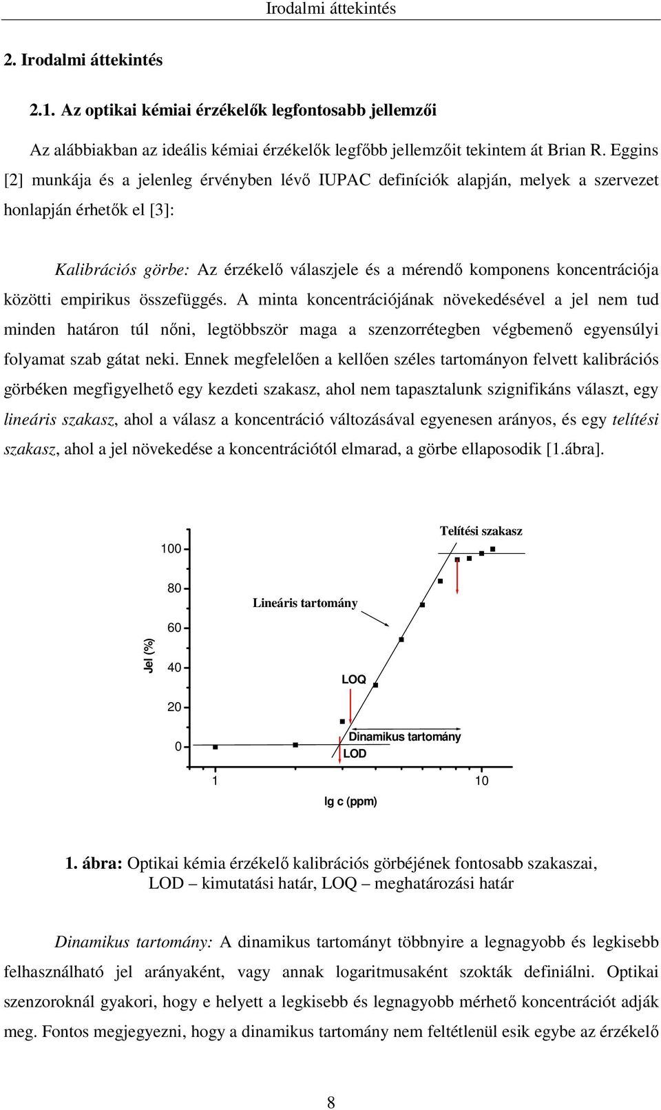 közötti empirikus összefüggés. A minta koncentrációjának növekedésével a jel nem tud minden határon túl nőni, legtöbbször maga a szenzorrétegben végbemenő egyensúlyi folyamat szab gátat neki.