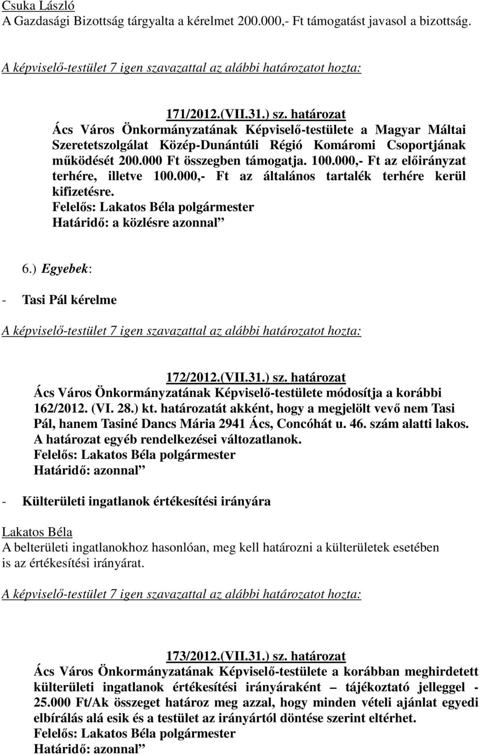 000,- Ft az előirányzat terhére, illetve 100.000,- Ft az általános tartalék terhére kerül kifizetésre. Felelős: polgármester Határidő: a közlésre azonnal 6.) Egyebek: - Tasi Pál kérelme 172/2012.(VII.