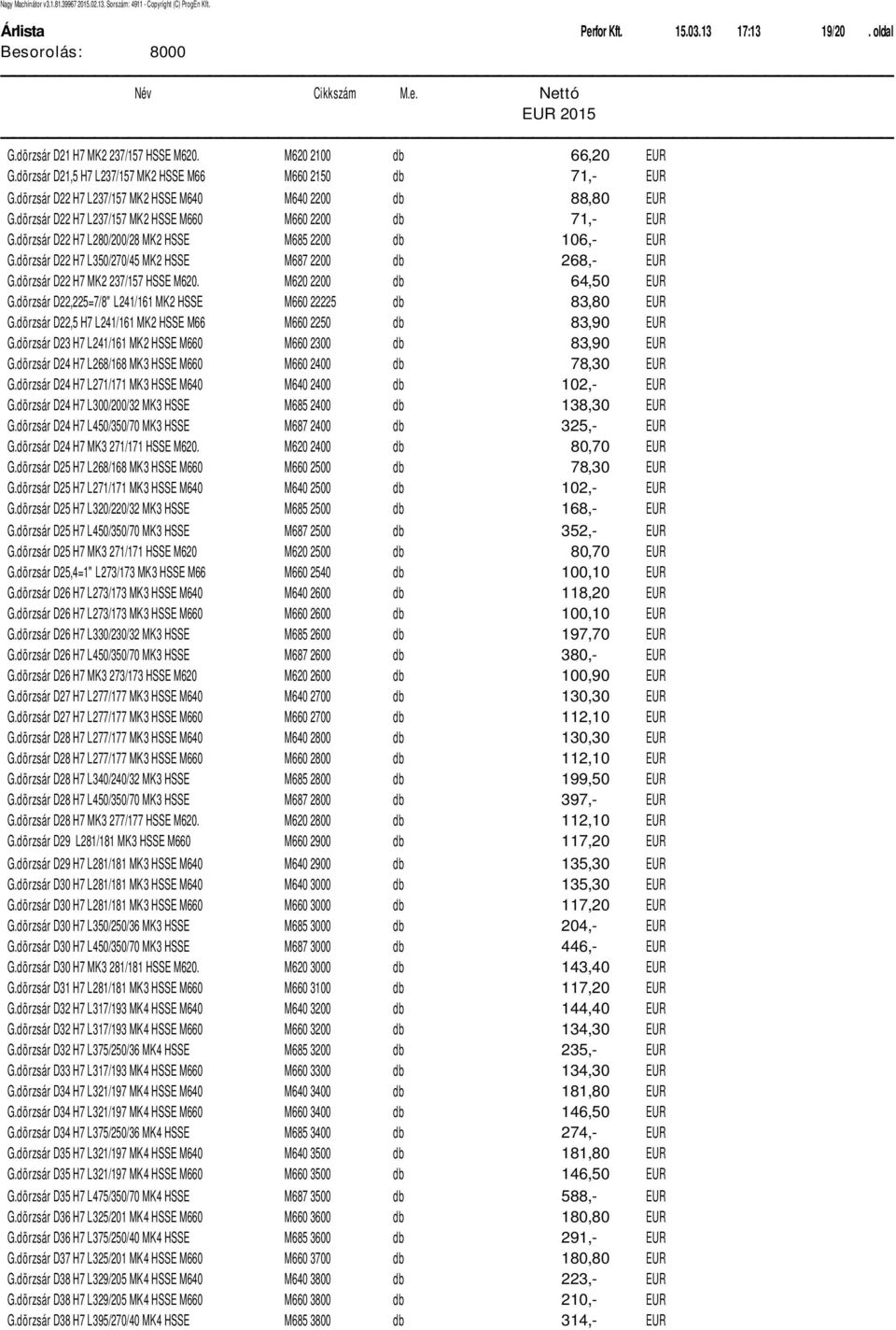 d rzsلr D22 H7 L350/270/45 MK2 HSSE M687 2200 db 268,- EUR G.d rzsلr D22 H7 MK2 237/157 HSSE M620. M620 2200 db 64,50 EUR G.d rzsلr D22,225=7/8" L241/161 MK2 HSSE M660 22225 db 83,80 EUR G.