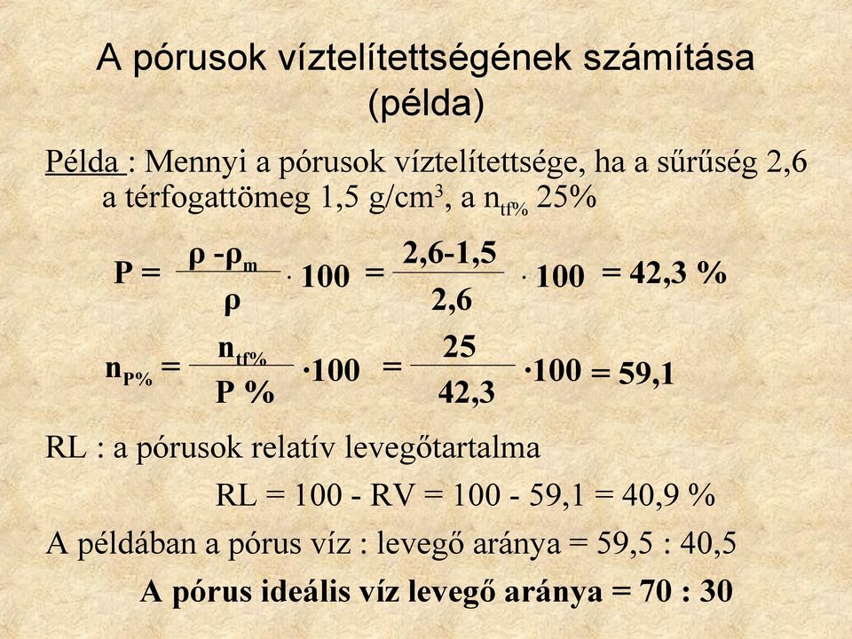 pórusok relatív levegőtartalma 2,6-1,5 = 100 = 42,3 % 2,6 25 = 42,3 100 = 59,1 RL = 100 - RV =