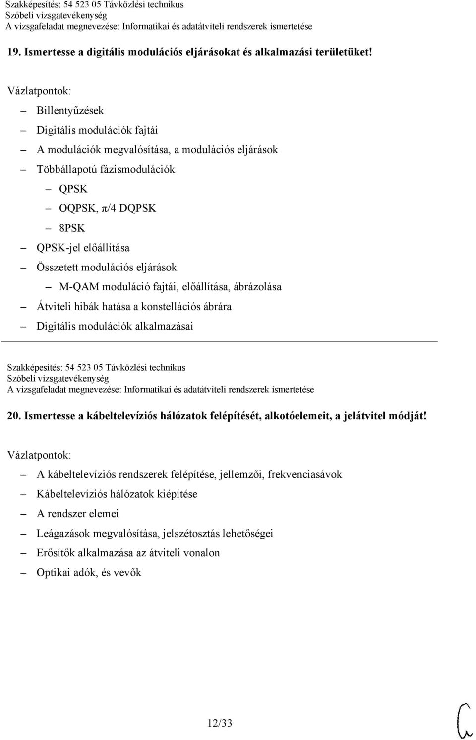 eljárások M-QAM moduláció fajtái, előállítása, ábrázolása Átviteli hibák hatása a konstellációs ábrára Digitális modulációk alkalmazásai Szakképesítés: 54 523 05 Távközlési technikus 20.