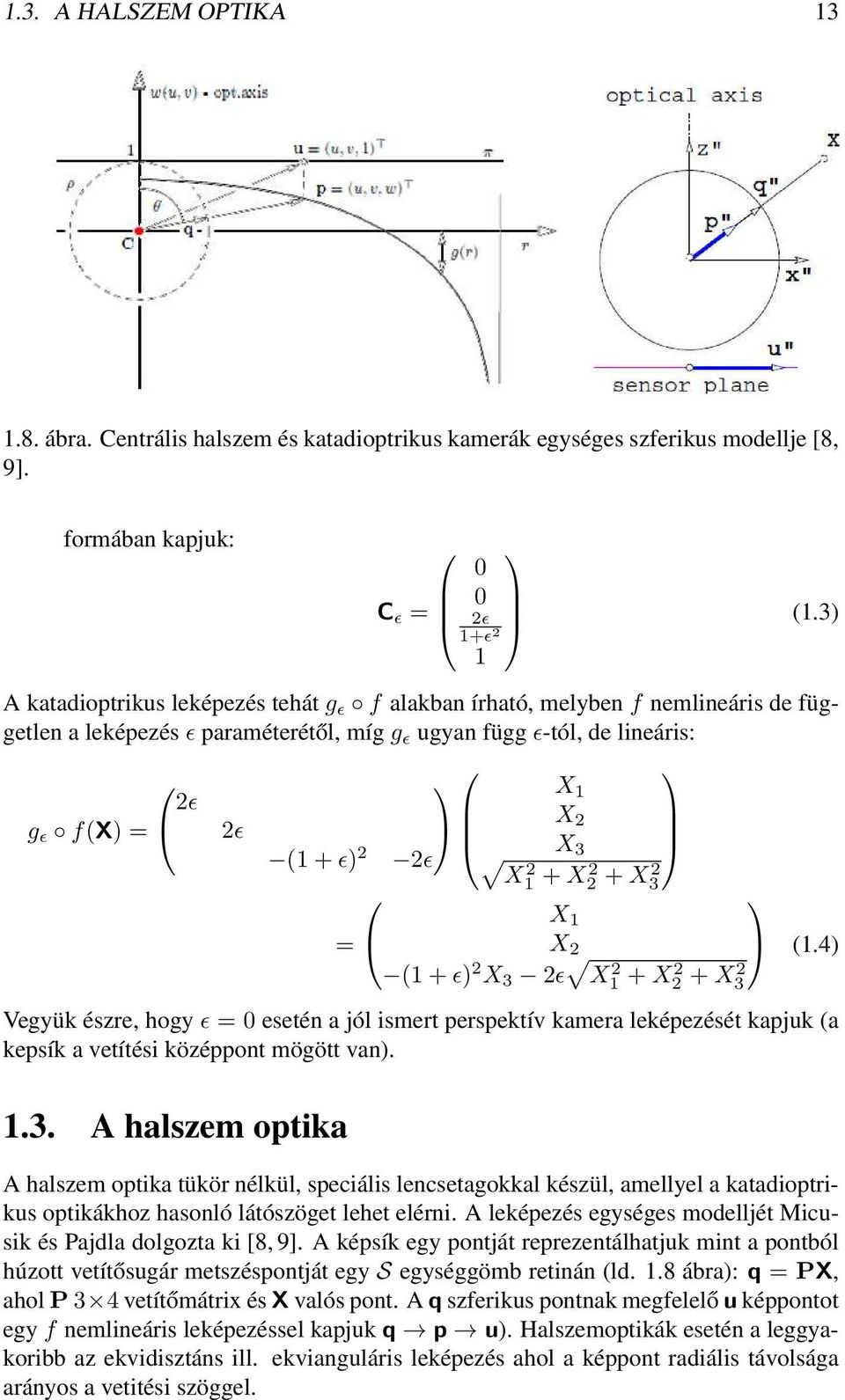 X 2 1 +X2 2 +X2 3 X 1 = X 2 (1+ǫ) 2 X 3 2ǫ (1.4) X1 2 +X2 2 +X2 3 Vegyük észre, hogy ǫ = 0 esetén a jól ismert perspektív kamera leképezését kapjuk (a kepsík a vetítési középpont mögött van). 1.3. A halszem optika A halszem optika tükör nélkül, speciális lencsetagokkal készül, amellyel a katadioptrikus optikákhoz hasonló látószöget lehet elérni.