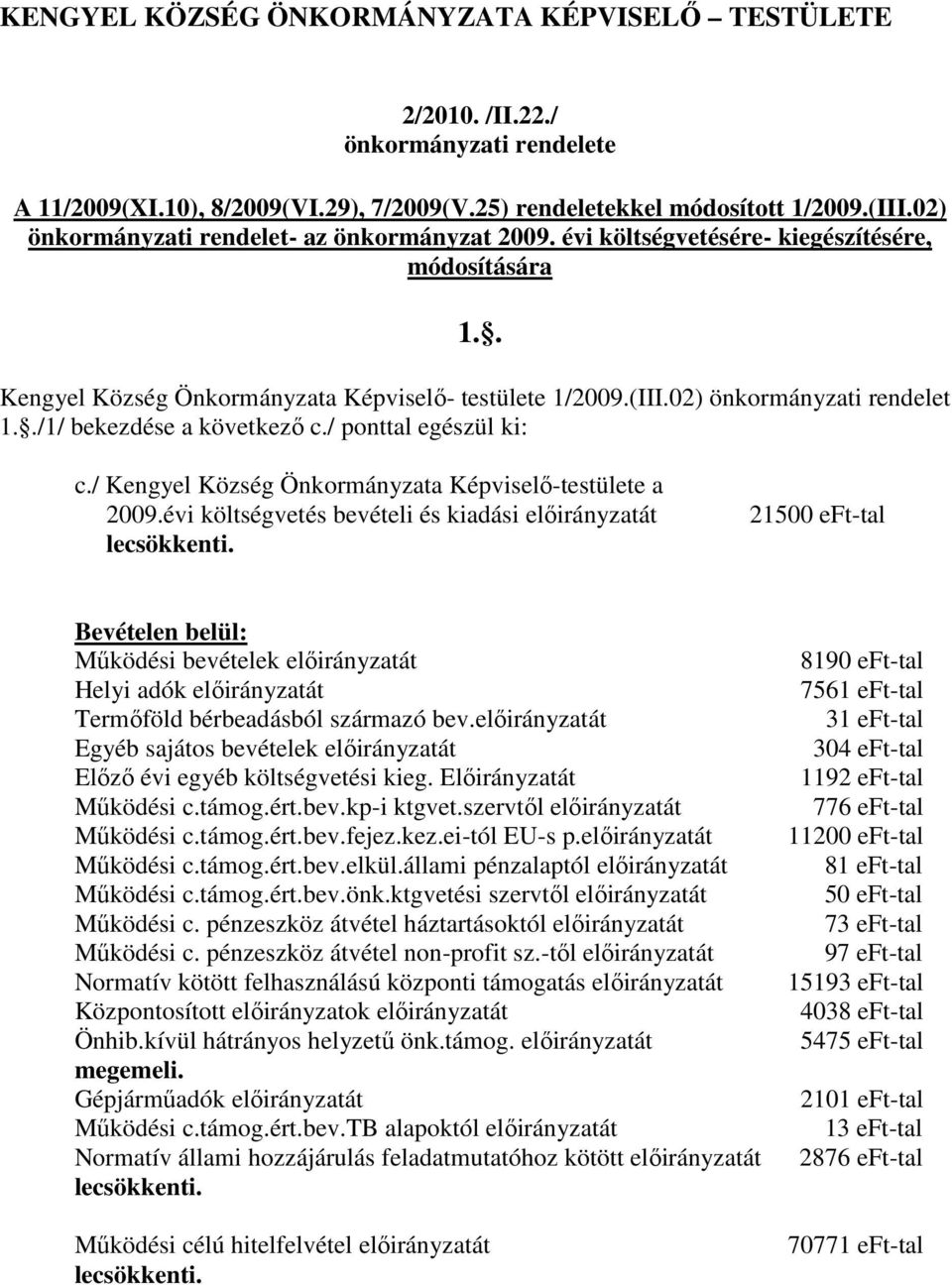 / Kengyel Község Önkormányzata Képviselő-testülete a 2009.évi költségvetés bevételi és kiadási 21500 eft-tal Bevételen belül: Működési bevételek Helyi adók Termőföld bérbeadásból származó bev.