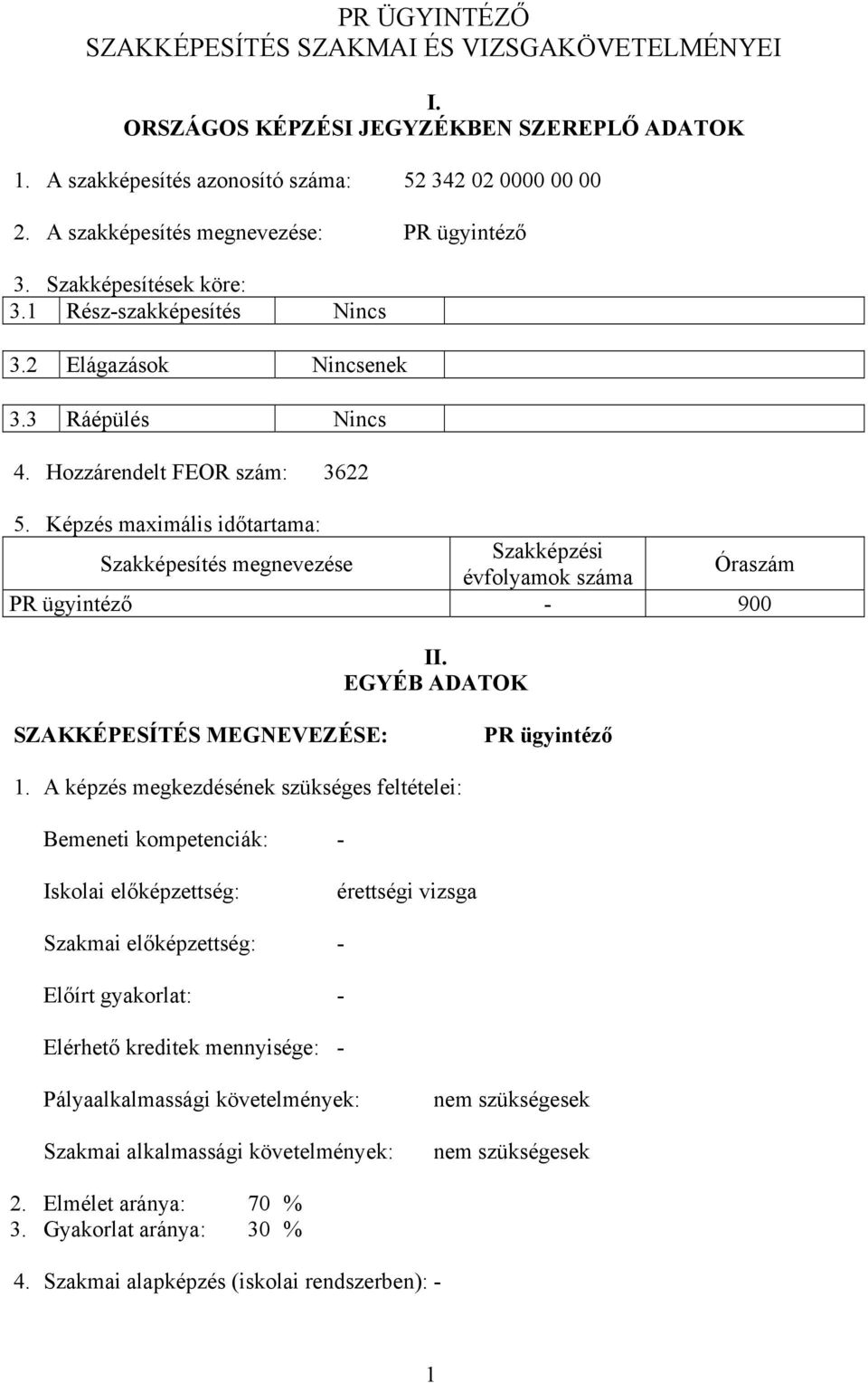 Képzés maximális időtartama: Szakképesítés megnevezése Szakképzési évfolyamok száma Óraszám PR ügyintéző - 900 II. EGYÉ ADATOK SZAKKÉPESÍTÉS MEGNEVEZÉSE: PR ügyintéző 1.