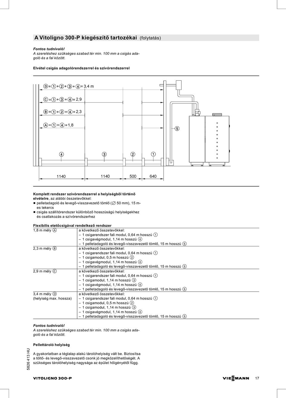 mm), 15 m- es tekercs & csigás szállítórendszer különböző hosszúságú helyiségekhez és csatlakozás a szívórendszerhez Flexibilis etetőcsigával rendelkező rendszer 1,8 m mély A a következő