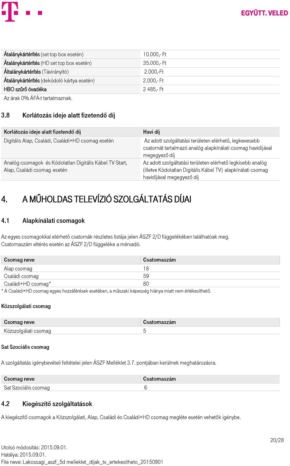 8 Korlátozás ideje alatt fizetendő díj Korlátozás ideje alatt fizetendő díj Digitális Alap, Családi, Családi+HD csomag esetén Analóg csomagok és Kódolatlan Digitális Kábel TV Start, Alap, Családi