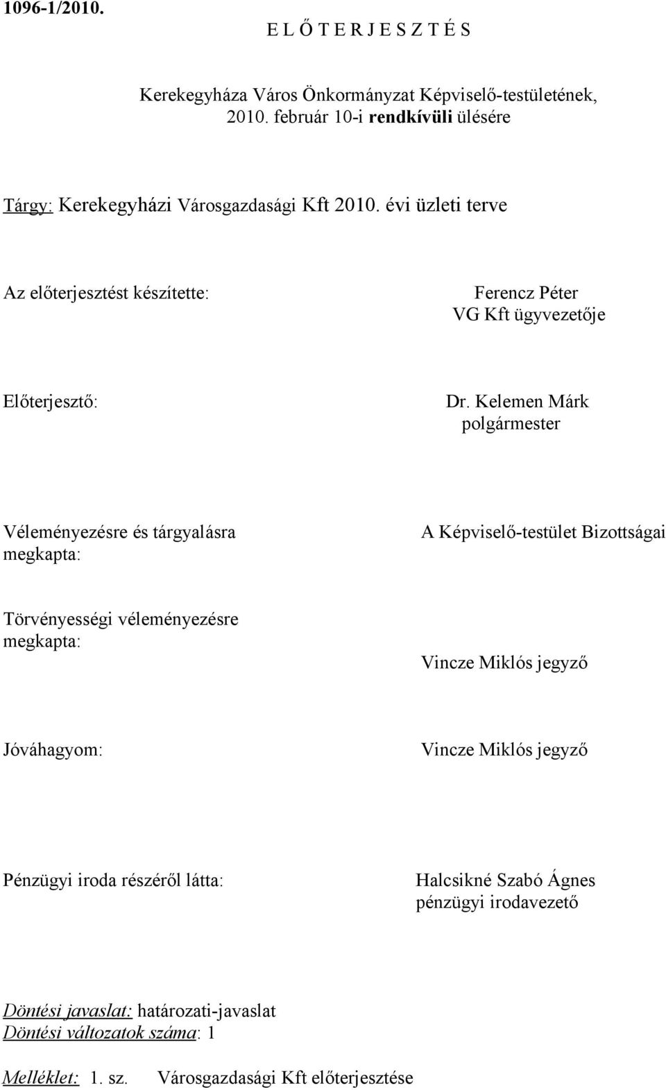 évi üzleti terve Az előterjesztést készítette: Ferencz Péter VG Kft ügyvezetője Előterjesztő: Dr.