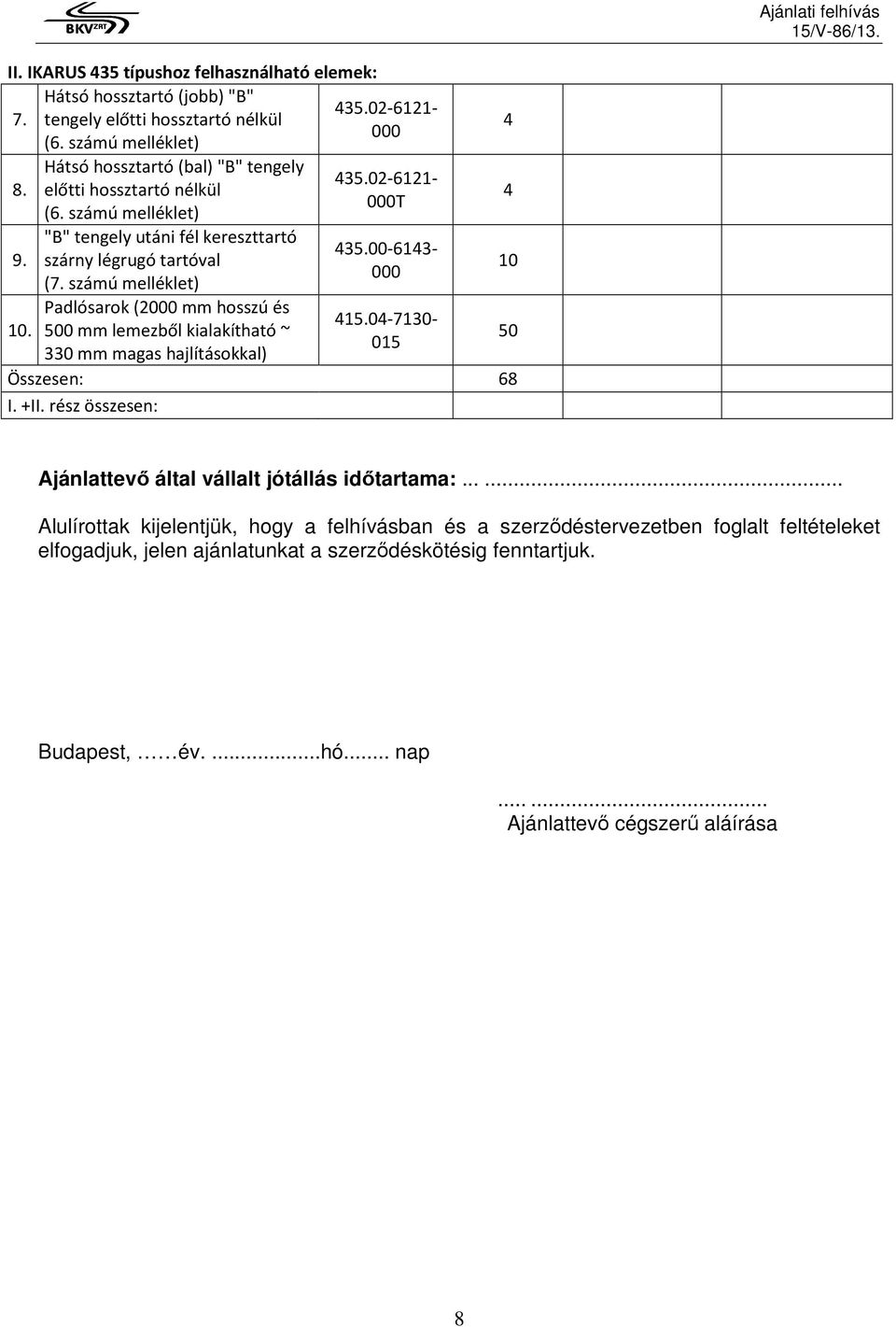 számú melléklet) Padlósarok (2000 mm hosszú és 500 mm lemezből kialakítható ~ 330 mm magas hajlításokkal) 435.02-6121- 000 435.02-6121- 000T 435.00-6143- 000 415.04-7130- 015 Összesen: 68 I.