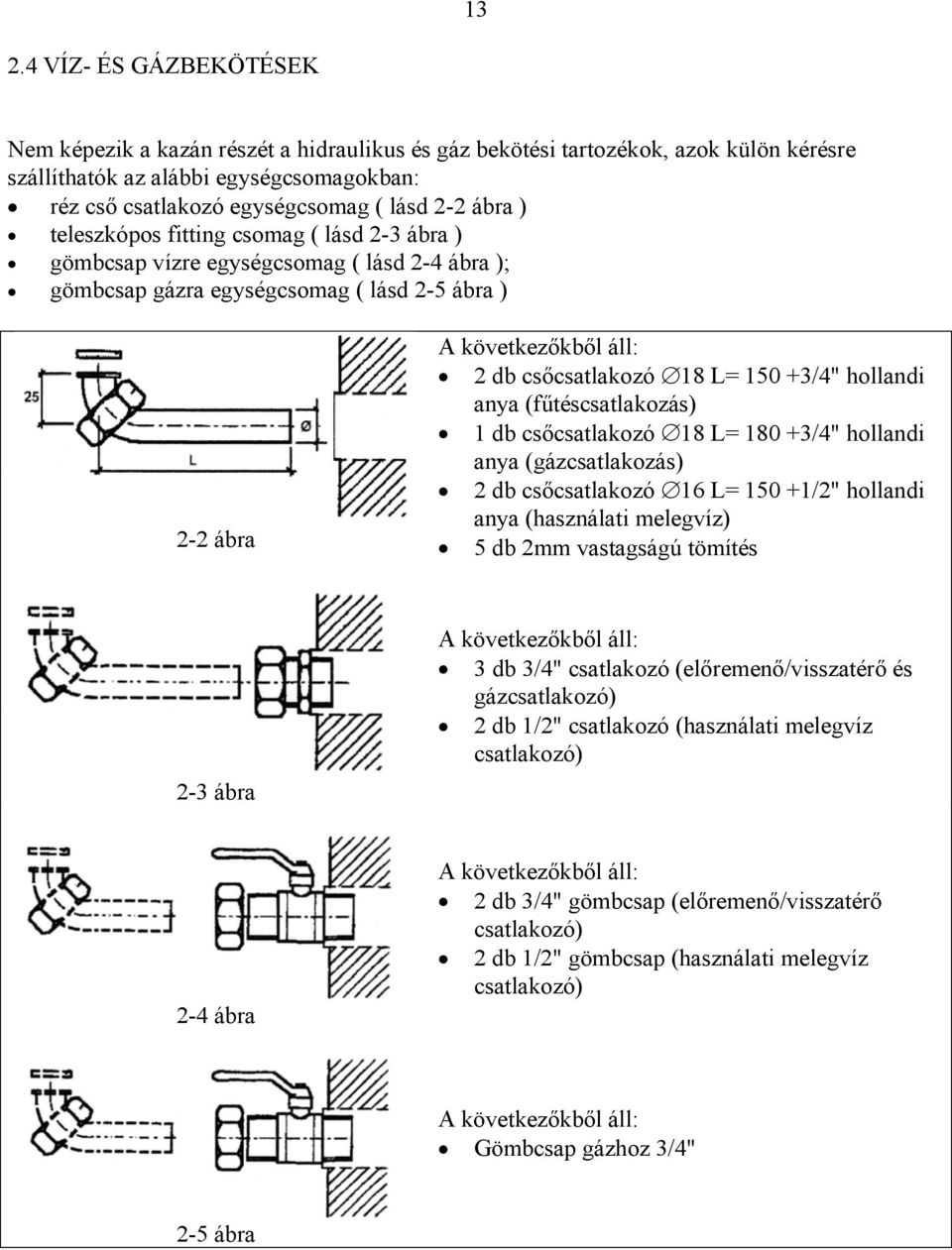 +3/4" hollandi anya (fűtéscsatlakozás) 1 db csőcsatlakozó 18 L= 180 +3/4" hollandi anya (gázcsatlakozás) 2 db csőcsatlakozó 16 L= 150 +1/2" hollandi anya (használati melegvíz) 2-2 ábra 5 db 2mm