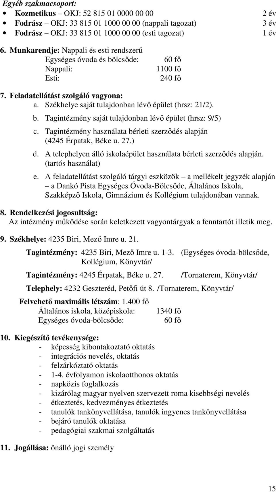 Tagintézmény használata bérleti szerződés alapján (4245 Érpatak, Béke u. 27.) d. A telephelyen álló iskolaépület használata bérleti szerződés alapján. (tartós használat) e.