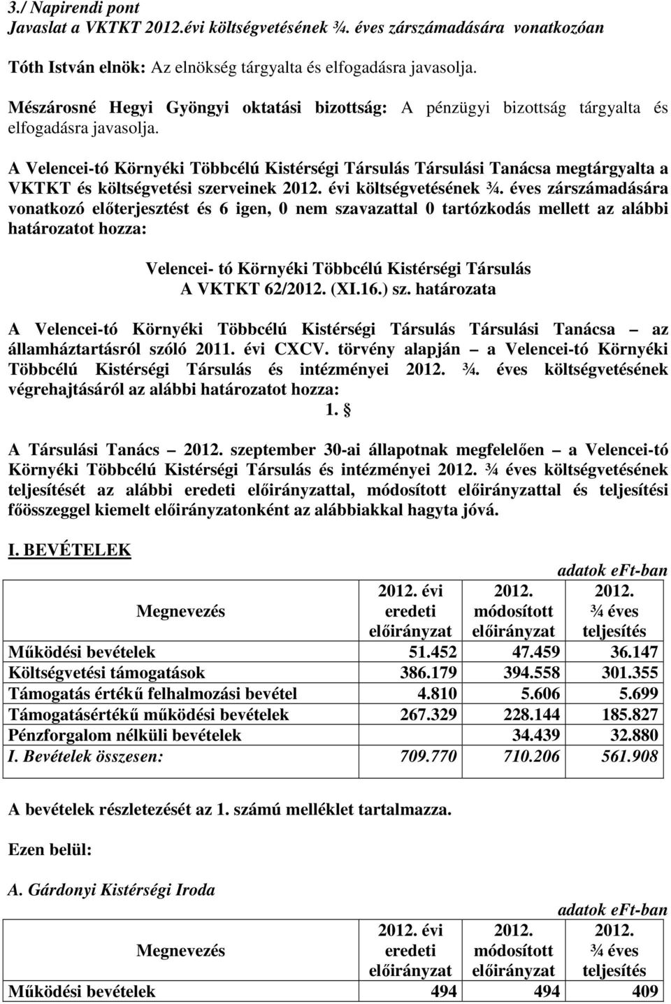 A Velencei-tó Környéki Többcélú Kistérségi Társulás Társulási Tanácsa megtárgyalta a VKTKT és költségvetési szerveinek évi költségvetésének ¾.