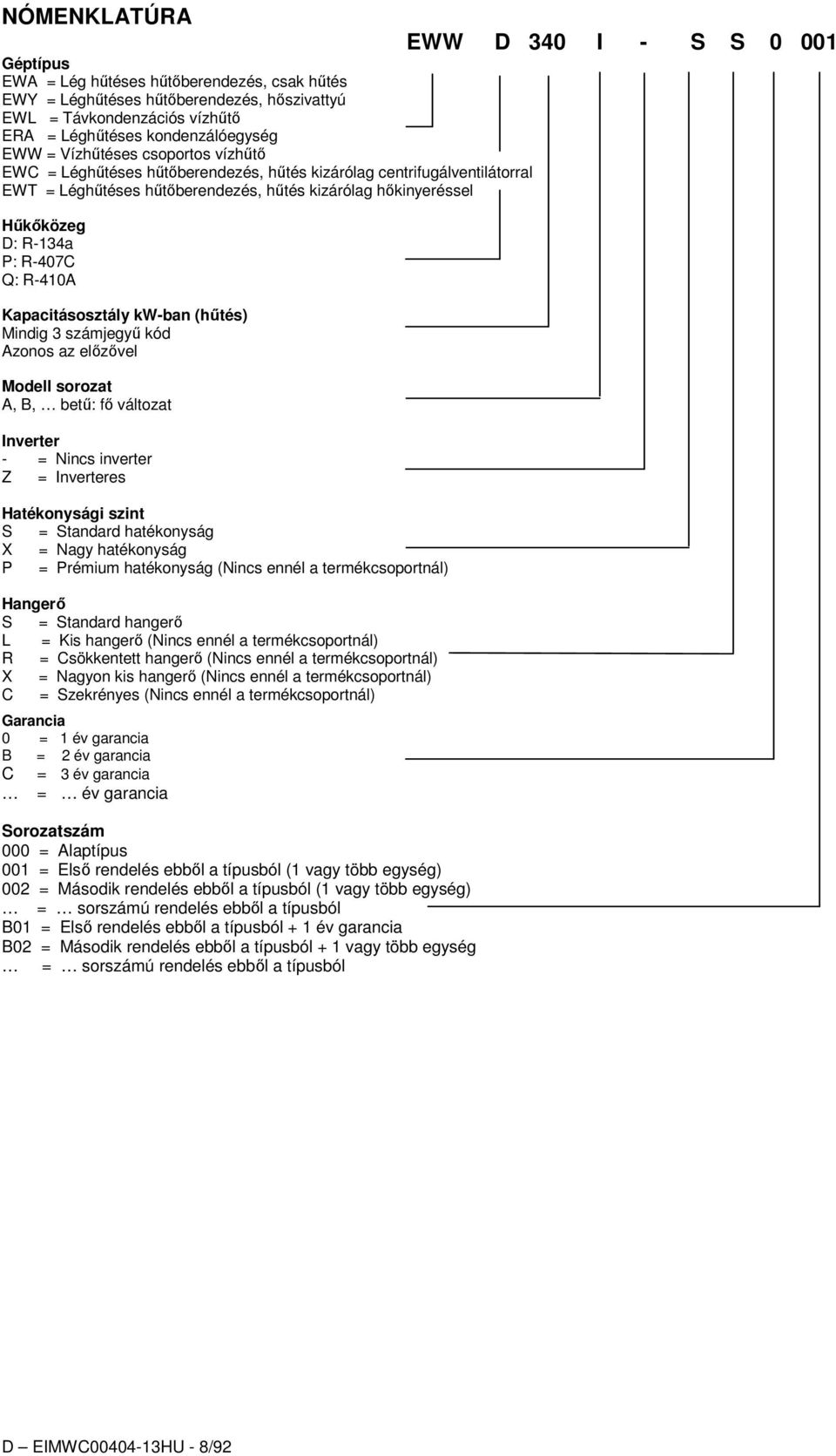 Kapacitásosztály kw-ban (hűtés) Mindig 3 számjegyű kód Azonos az előzővel Modell sorozat A, B, betű: fő változat Inverter - = Nincs inverter Z = Inverteres Hatékonysági szint S = Standard hatékonyság