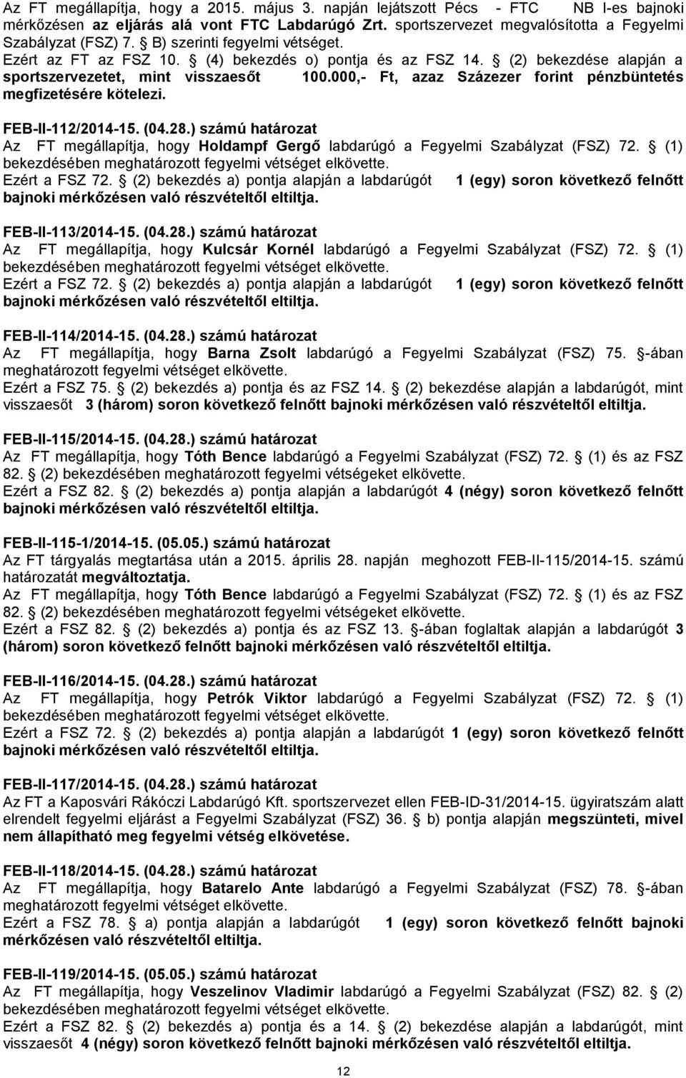 000,- Ft, azaz Százezer forint pénzbüntetés megfizetésére kötelezi. FEB-II-112/2014-15. (04.28.) számú határozat Az FT megállapítja, hogy Holdampf Gergő labdarúgó a Fegyelmi Szabályzat (FSZ) 72.