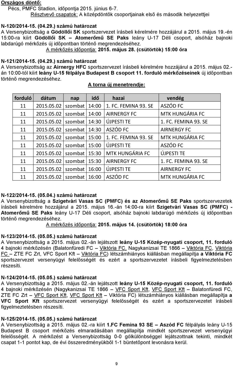 -én 15:00-ra kiírt Gödöllői SK Atomerőmű SE Paks leány U-17 Déli csoport, alsóház bajnoki labdarúgó mérkőzés új időpontban történő megrendezéséhez. A mérkőzés időpontja: 2015. május 28.