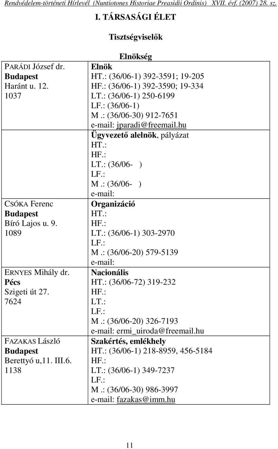 : (36/06-30) 912-7651 e-mail: jparadi@freemail.hu Ügyvezető alelnök, pályázat HT.: HF.: LT.: (36/06- ) LF.: M.: (36/06- ) e-mail: Organizáció HT.: HF.: LT.: (36/06-1) 303-2970 LF.: M.: (36/06-20) 579-5139 e-mail: Nacionális HT.