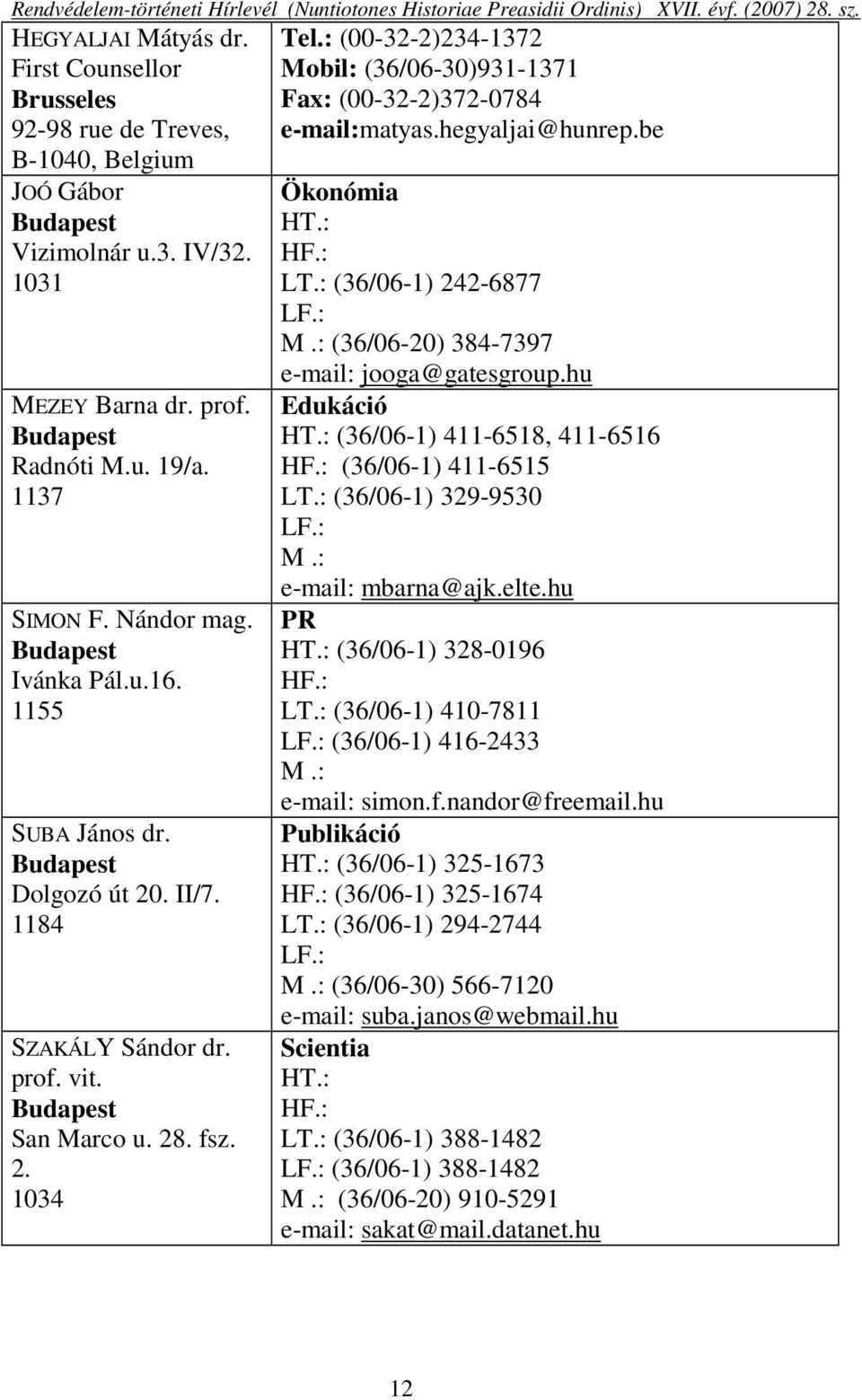 Budapest Dolgozó út 20. II/7. 1184 SZAKÁLY Sándor dr. prof. vit. Budapest San Marco u. 28. fsz. 2. 1034 Ökonómia HT.: HF.: LT.: (36/06-1) 242-6877 LF.: M.