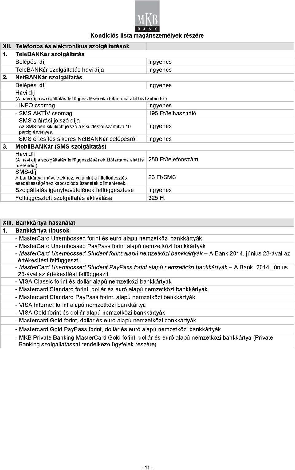 ) - INFO csomag - SMS AKTÍV csomag 195 Ft/felhasználó SMS aláírási jelszó díja Az SMS-ben kiküldött jelszó a kiküldéstől számítva 10 percig érvényes. SMS értesítés sikeres NetBANKár belépésről 3.