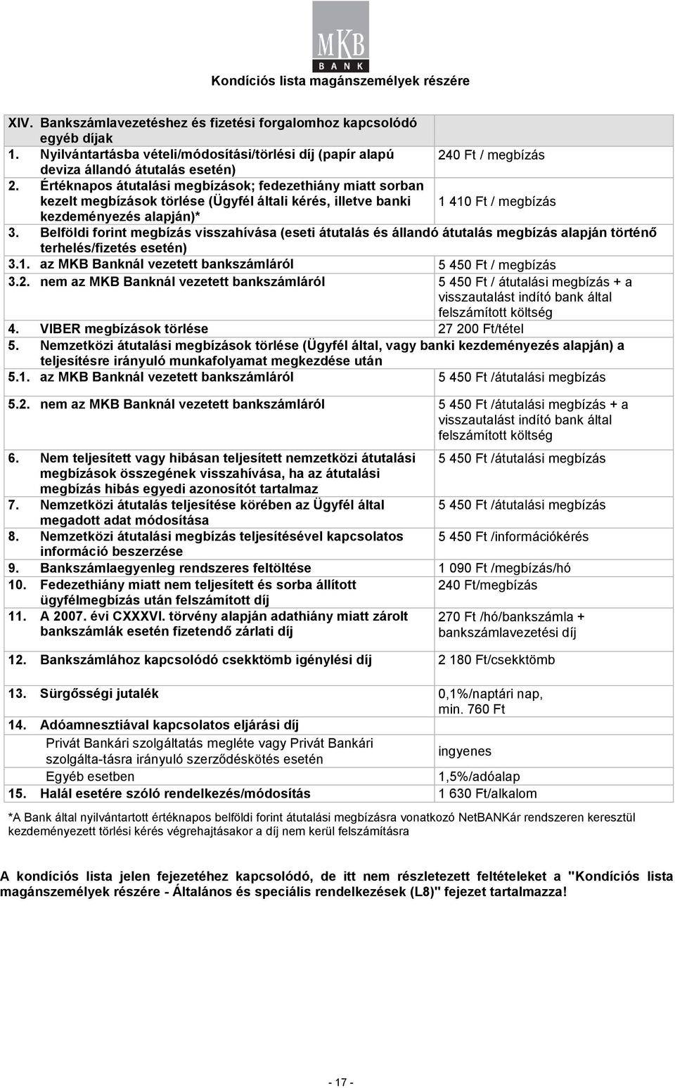 Belföldi forint megbízás visszahívása (eseti átutalás és állandó átutalás megbízás alapján történő terhelés/fizetés esetén) 3.1. az MKB Banknál vezetett bankszámláról 5 450 Ft / megbízás 3.2.