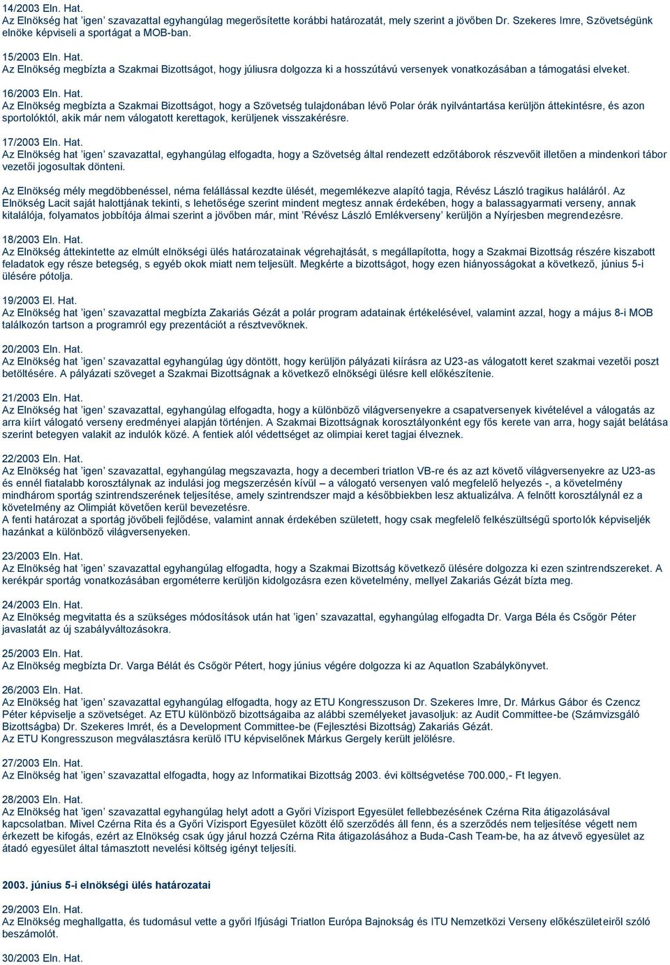 Az Elnökség megbízta a Szakmai Bizottságot, hogy júliusra dolgozza ki a hosszútávú versenyek vonatkozásában a támogatási elveket. 16/2003 Eln. Hat.