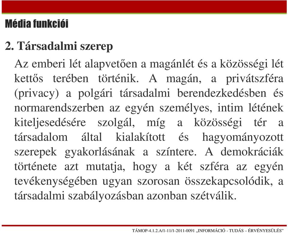 kiteljesedésére szolgál, míg a közösségi tér a társadalom által kialakított és hagyományozott szerepek gyakorlásának a színtere.