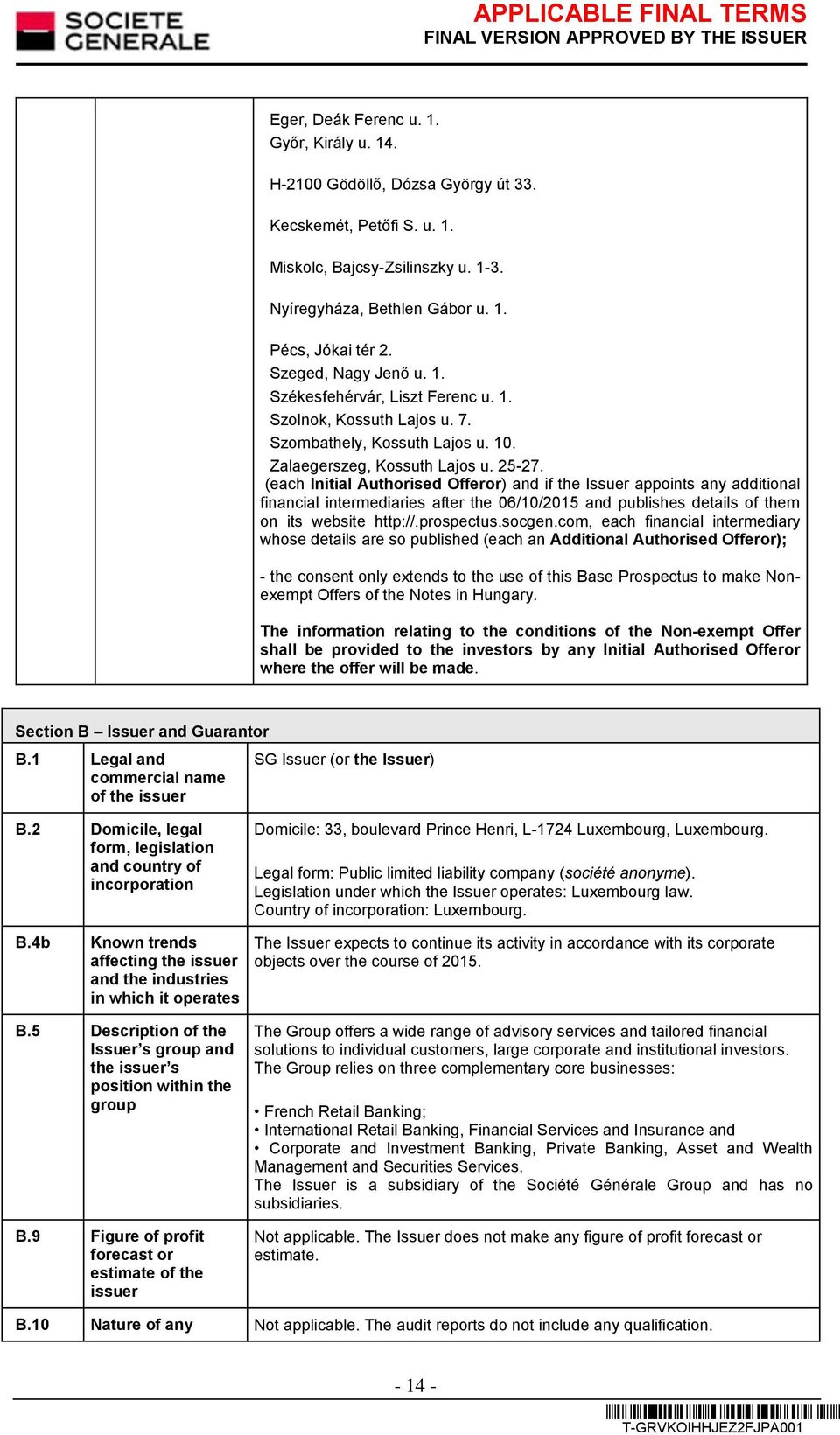 (each Initial Authorised Offeror) and if the Issuer appoints any additional financial intermediaries after the 06/10/2015 and publishes details of them on its website http://.prospectus.socgen.