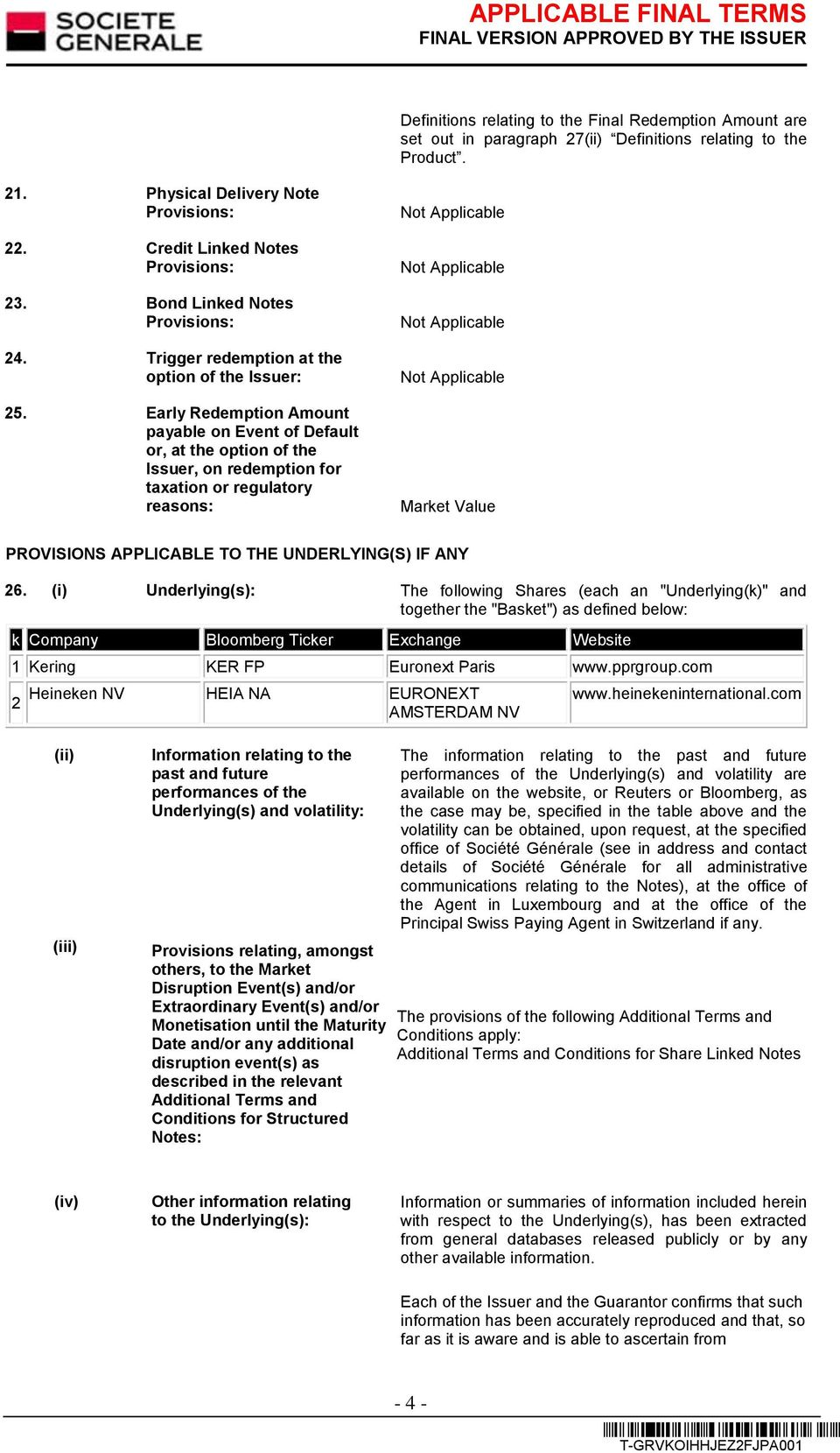 Early Redemption Amount payable on Event of Default or, at the option of the Issuer, on redemption for taxation or regulatory reasons: Market Value PROVISIONS APPLICABLE TO THE UNDERLYING(S) IF ANY