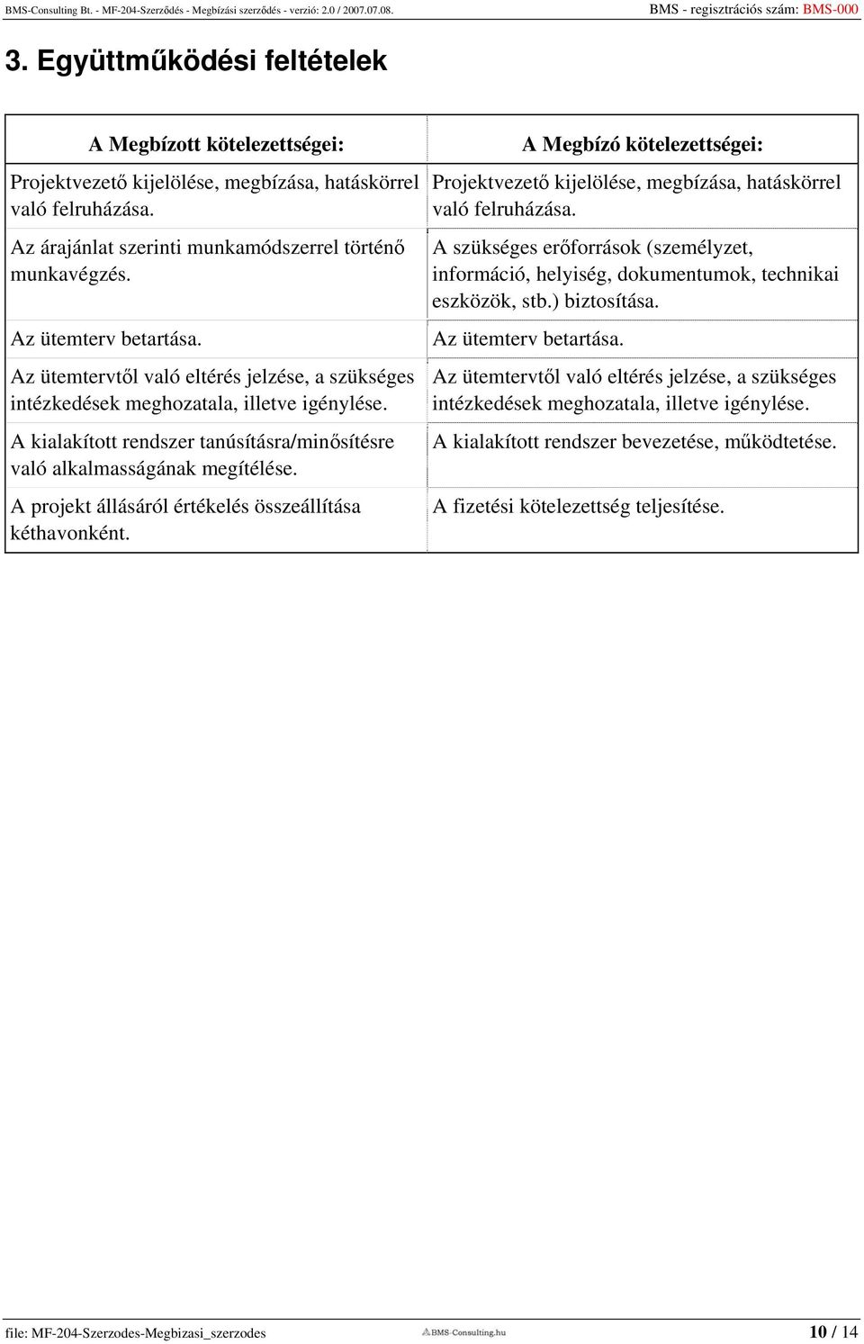 A projekt állásáról értékelés összeállítása kéthavonként. A Megbízó kötelezettségei: Projektvezető kijelölése, megbízása, hatáskörrel való felruházása.