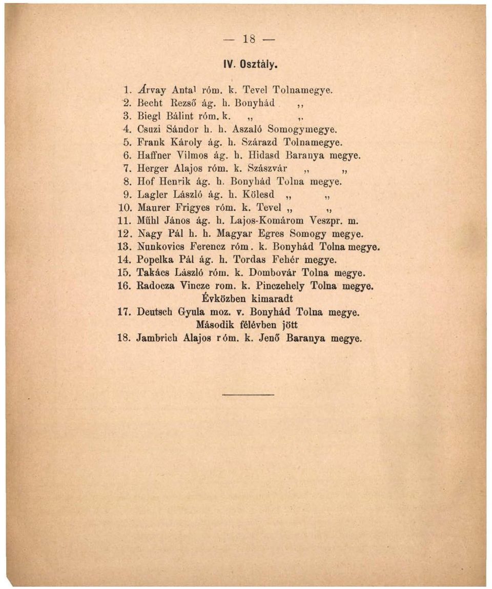 Műbl János ág. h. Lajos-Kotnárom Veszpr. m. 12. Nagy Pál h. k. Magyar Egres Somogy megye. 13. Nunkovics Ferencz róm. k. Bonykád Tolna megye. 14. Popelka Pál ág. k. Tordas Fekér megye. 15.