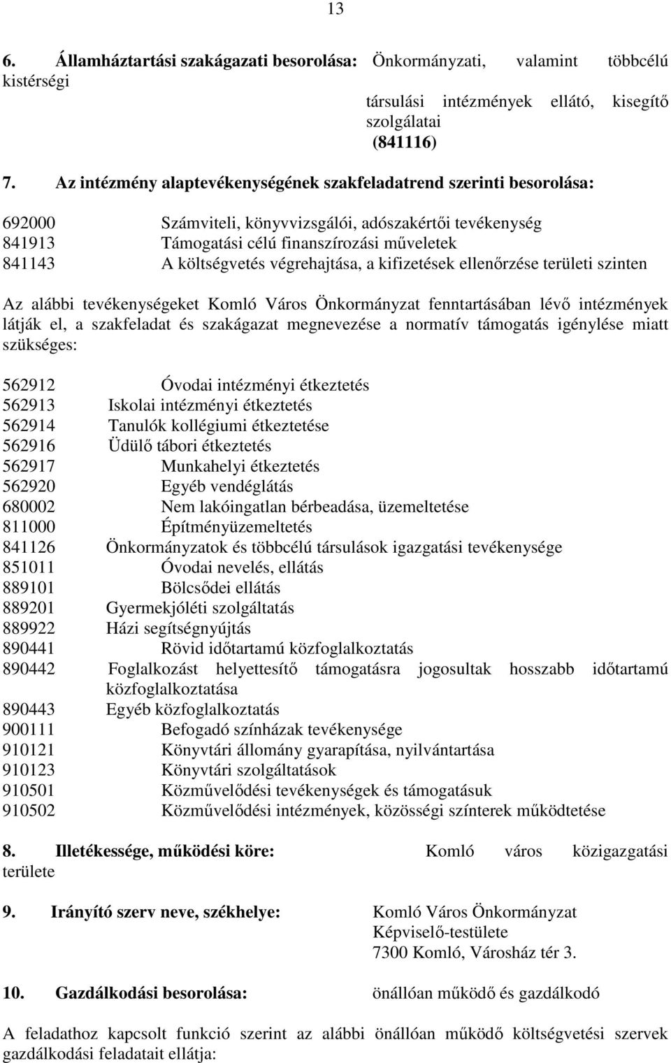 végrehajtása, a kifizetések ellenőrzése területi szinten Az alábbi tevékenységeket Komló Város Önkormányzat fenntartásában lévő intézmények látják el, a szakfeladat és szakágazat megnevezése a