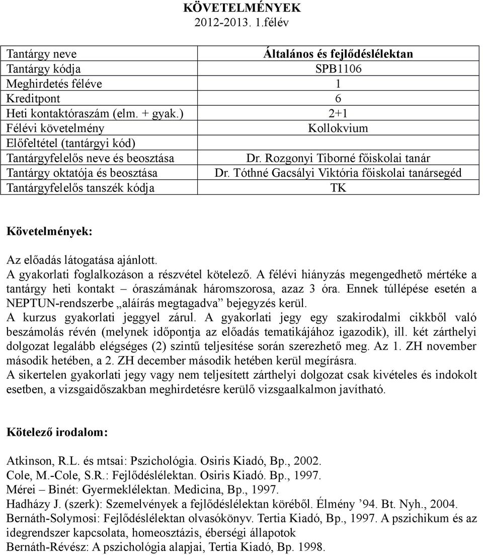 A félévi hiányzás megengedhető mértéke a tantárgy heti kontakt óraszámának háromszorosa, azaz 3 óra. Ennek túllépése esetén a NEPTUN-rendszerbe aláírás megtagadva bejegyzés kerül.