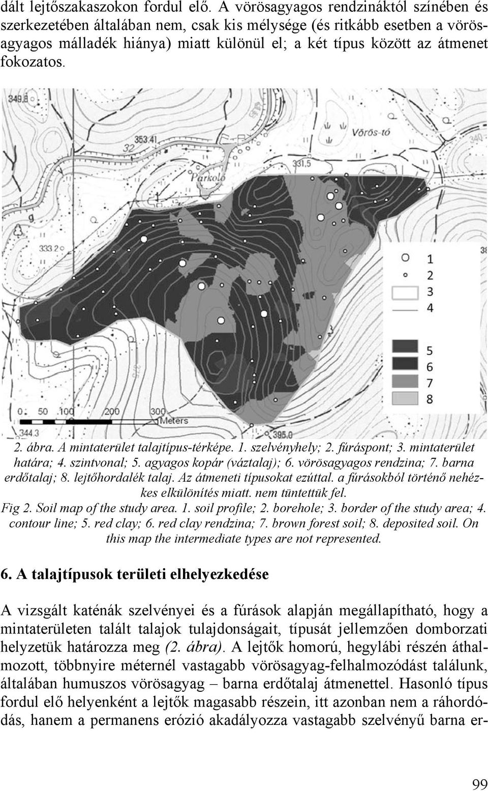 ábra. A mintaterület talajtípus-térképe. 1. szelvényhely; 2. fúráspont; 3. mintaterület határa; 4. szintvonal; 5. agyagos kopár (váztalaj); 6. vörösagyagos rendzina; 7. barna erdőtalaj; 8.