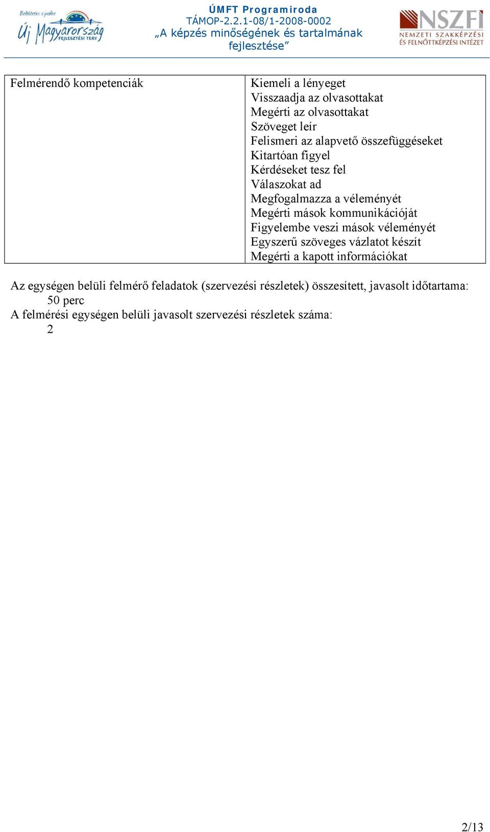 Figyelembe veszi mások véleményét Egyszerű szöveges vázlatot készít Megérti a kapott információkat Az egységen belüli felmérő