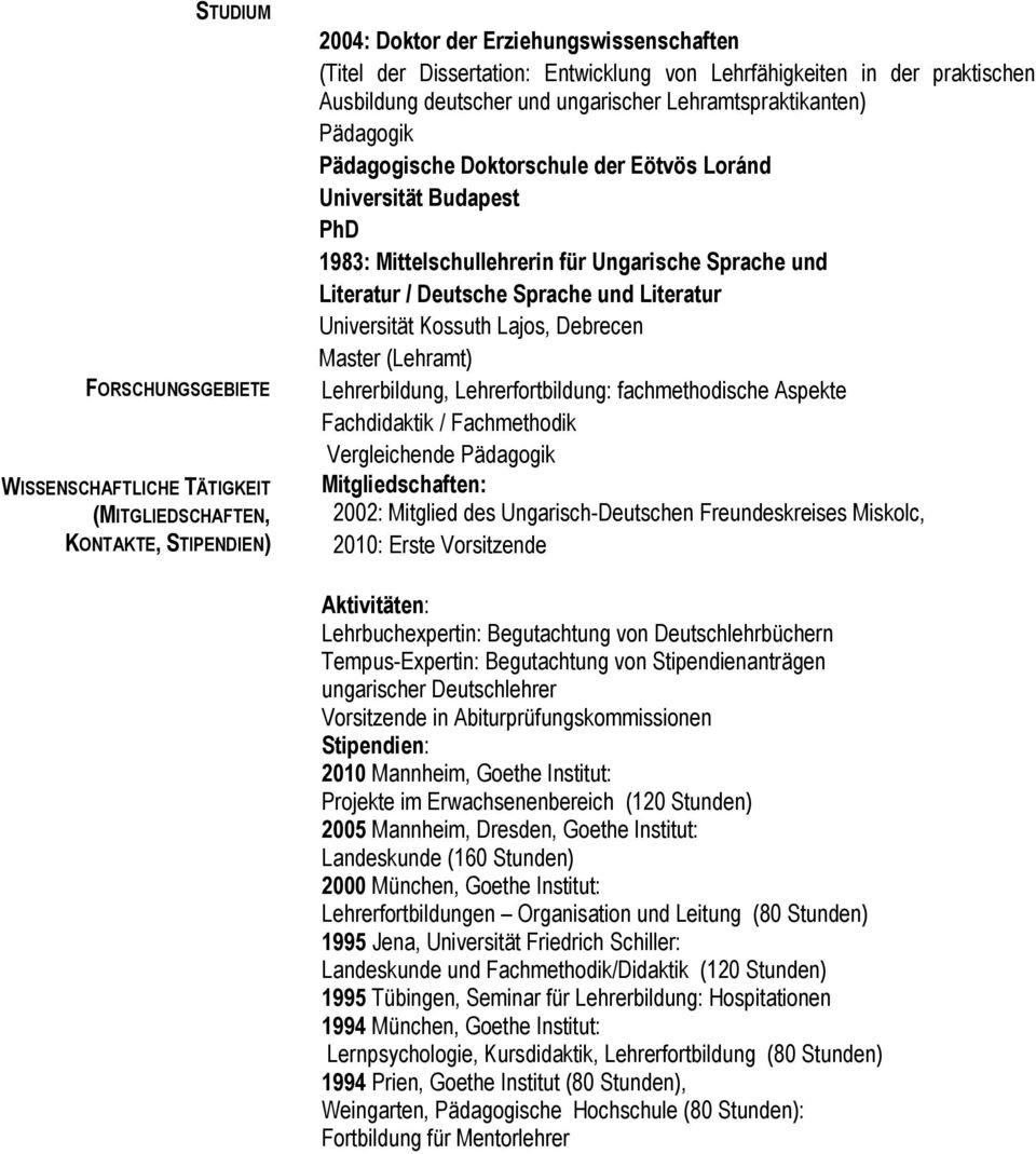 Sprache und Literatur / Deutsche Sprache und Literatur Universität Kossuth Lajos, Debrecen Master (Lehramt) Lehrerbildung, Lehrerfortbildung: fachmethodische Aspekte Fachdidaktik / Fachmethodik