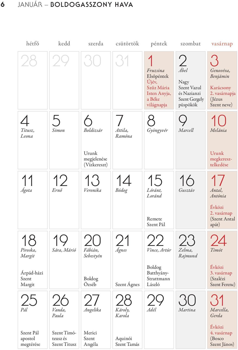 vasárnapja (Jézus Szent neve) 10 Melánia 11 Ágota 12 Ernő Urunk megjelenése (Vízkereszt) 13 Veronika 14 Bódog 15 Lóránt, Loránd 16 Gusztáv Urunk megkeresztelkedése 17 Antal, Antónia 18 Piroska,