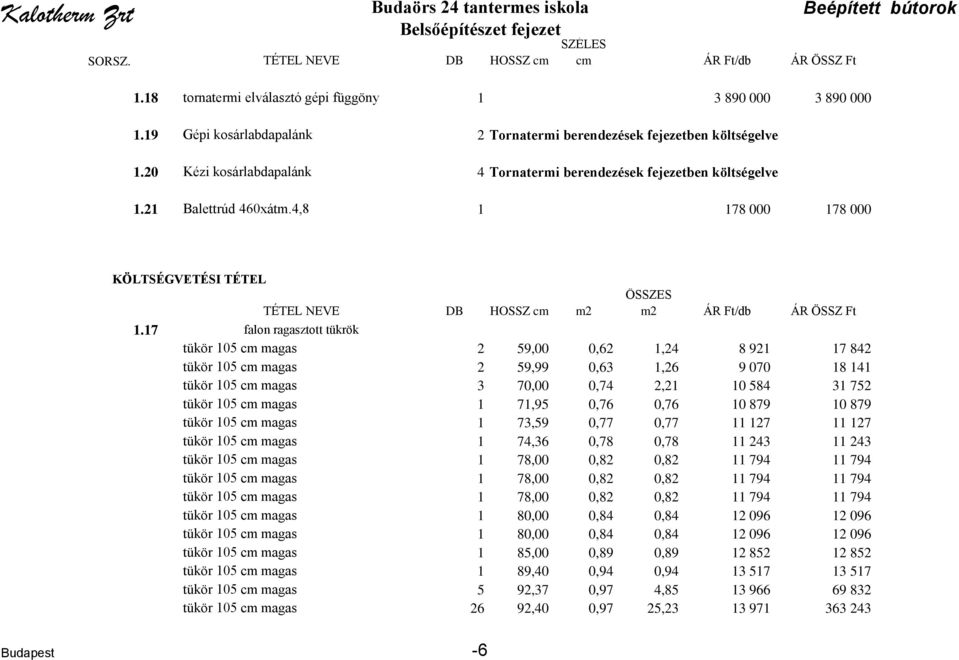 4,8 1 178 000 178 000 KÖLTSÉGVETÉSI TÉTEL TÉTEL NEVE DB HOSSZ cm m2 ÖSSZES m2 ÁR Ft/db ÁR ÖSSZ Ft 1.