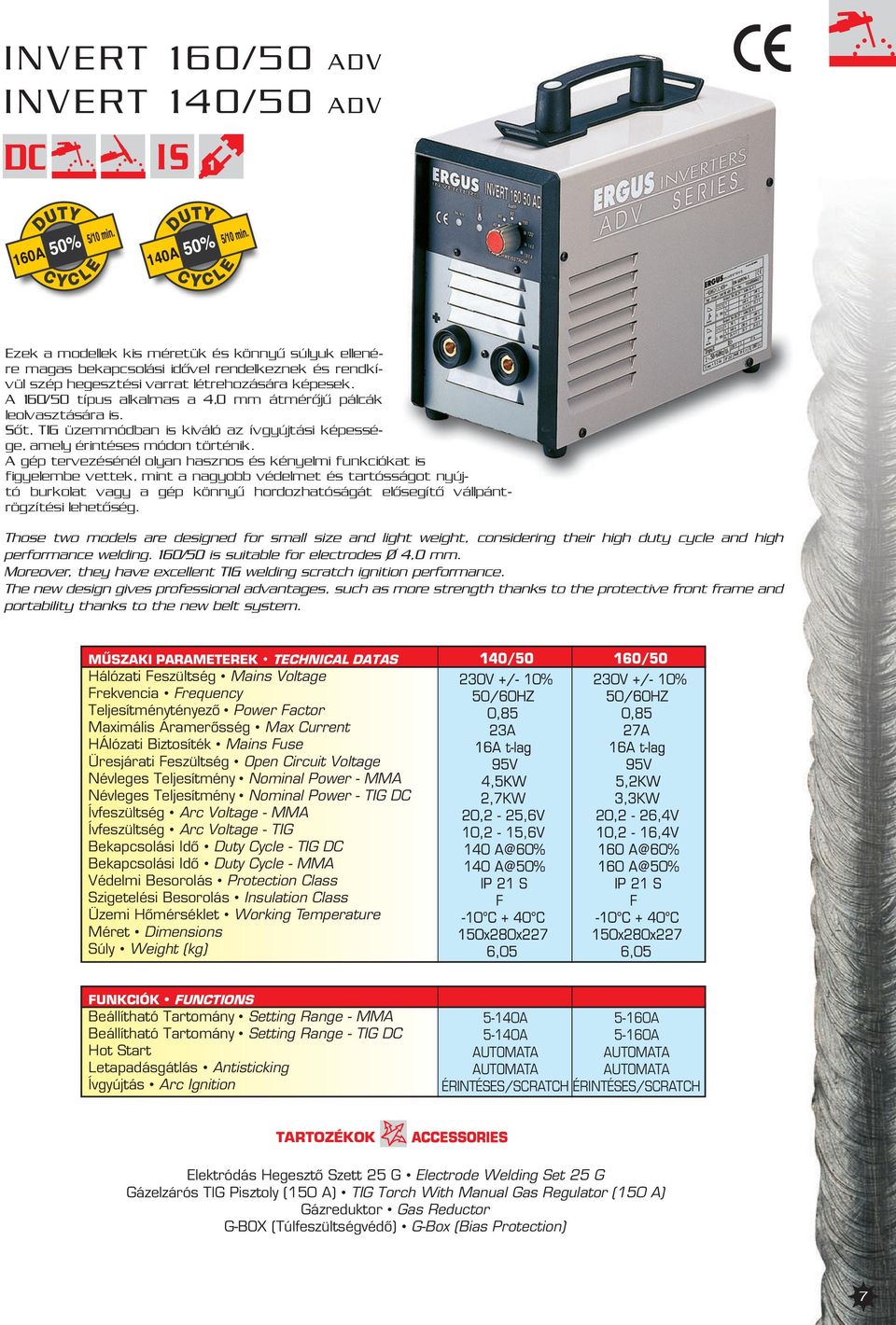 Duty Cycle - TIG DC Bekapcsolási Idõ Duty Cycle - MMA Védelmi Besorolás Protection Class Szigetelési Besorolás Insulation Class Üzemi Hõmérséklet Working Temperature Méret Dimensions Súly Weight (kg)