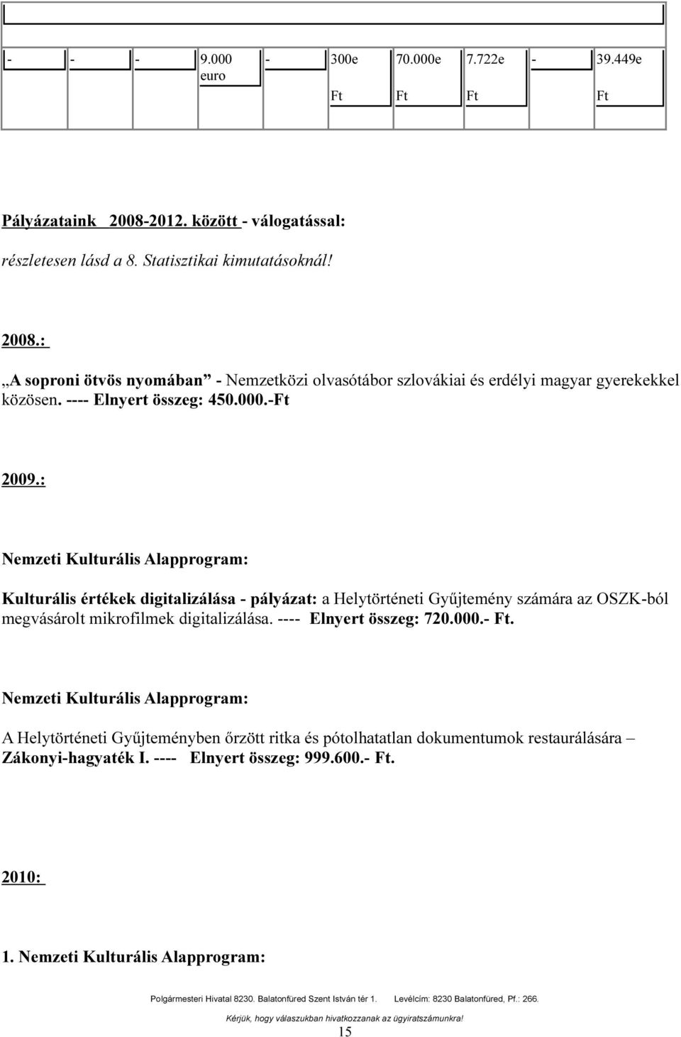 Kulturális értékek digitalizálása - pályázat: a Helytörténeti Gyűjtemény számára az OSZK-ból megvásárolt mikrofilmek digitalizálása ---- Elnyert összeg: 720000- Ft Nemzeti