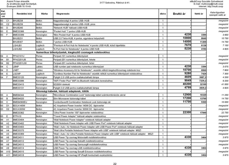 0 Tetra-HUB, 4 portos, egymásra helyezhető 1 10800 8640 10 750 BHUB307 Belkin 7 portos USB-HUB 1 14000 11200 14 750 LGHUB1 Logitech "Premium 4-Port Hub for Notebooks" 4 porots USB HUB, külső