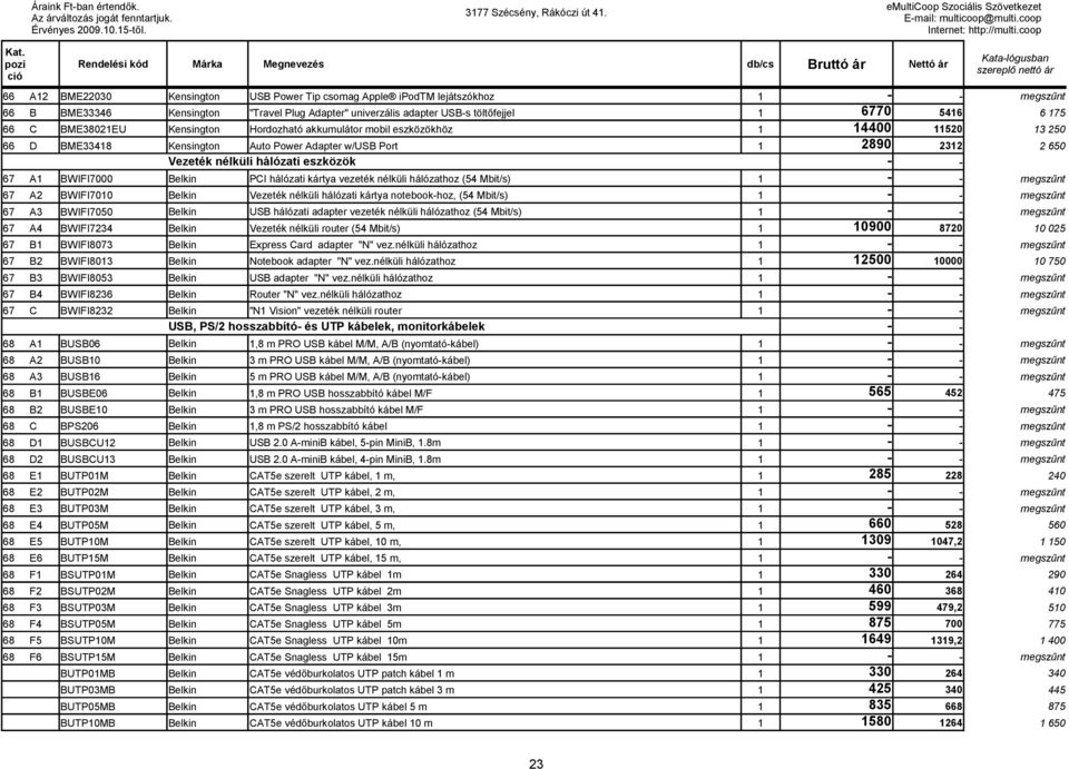 A1 BWIFI7000 Belkin PCI hálózati kártya vezeték nélküli hálózathoz (54 Mbit/s) 1 - - megszűnt 67 A2 BWIFI7010 Belkin Vezeték nélküli hálózati kártya notebook-hoz, (54 Mbit/s) 1 - - megszűnt 67 A3