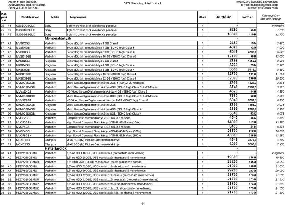 GB (SDHC fogl) Class 6 1 4020 3216 4 000 27 A3 MVSD8GB Verbatim SecureDigital memóriakártya 8 GB (SDHC fogl) Class 6 1 6049 4839,2 6 025 27 A4 MVSD16GB Verbatim SecureDigital memóriakártya 16 GB