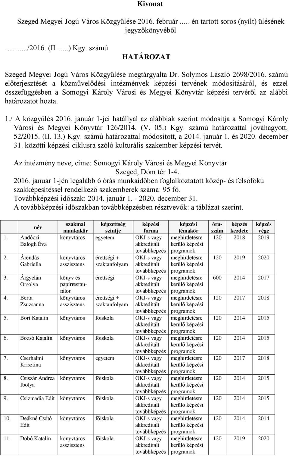 számú előterjesztését a közművelődési intézmények i tervének módosításáról, és ezzel összefüggésben a Somogyi Károly Városi és Megyei Könyvtár i tervéről az alábbi határozatot hozta. 1.