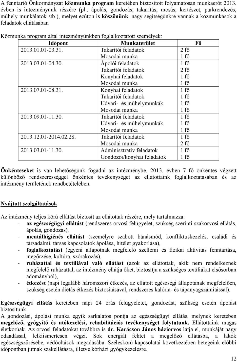 ), melyet ezúton is köszönünk, nagy segítségünkre vannak a közmunkások a feladatok ellátásában Közmunka program által intézményünkben foglalkoztatott személyek: Időpont Munkaterület Fő 2013.01.01-03.