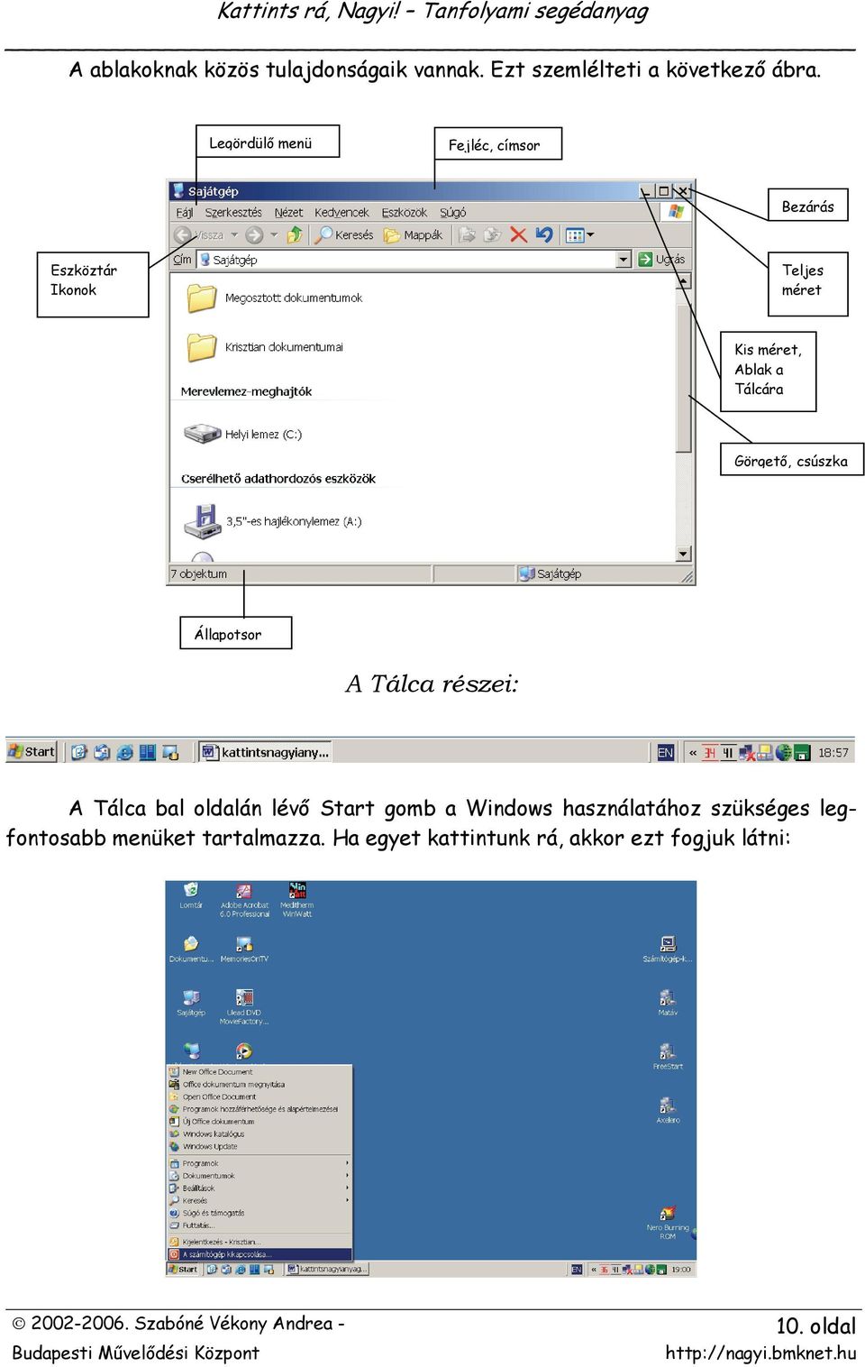 Görgető, csúszka Állapotsor A Tálca részei: A Tálca bal oldalán lévő Start gomb a Windows