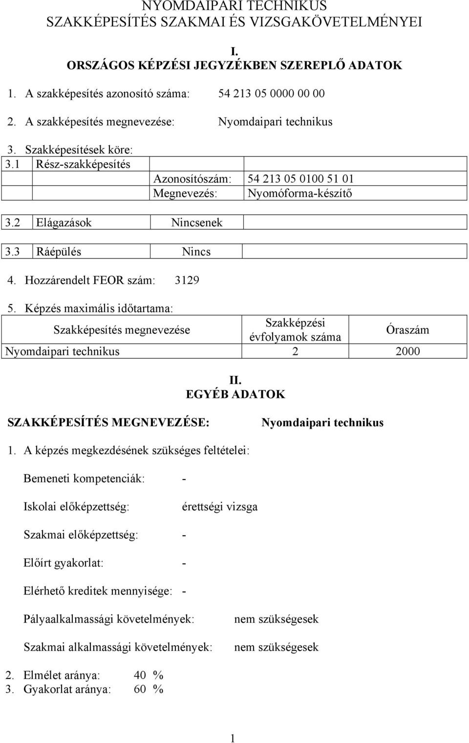 3 Ráépülés Nincs 4. Hozzárendelt FEOR szám: 3129 5. Képzés maximális időtartama: Szakképesítés megnevezése Szakképzési évfolyamok száma Óraszám Nyomdaipari technikus 2 2000 II.